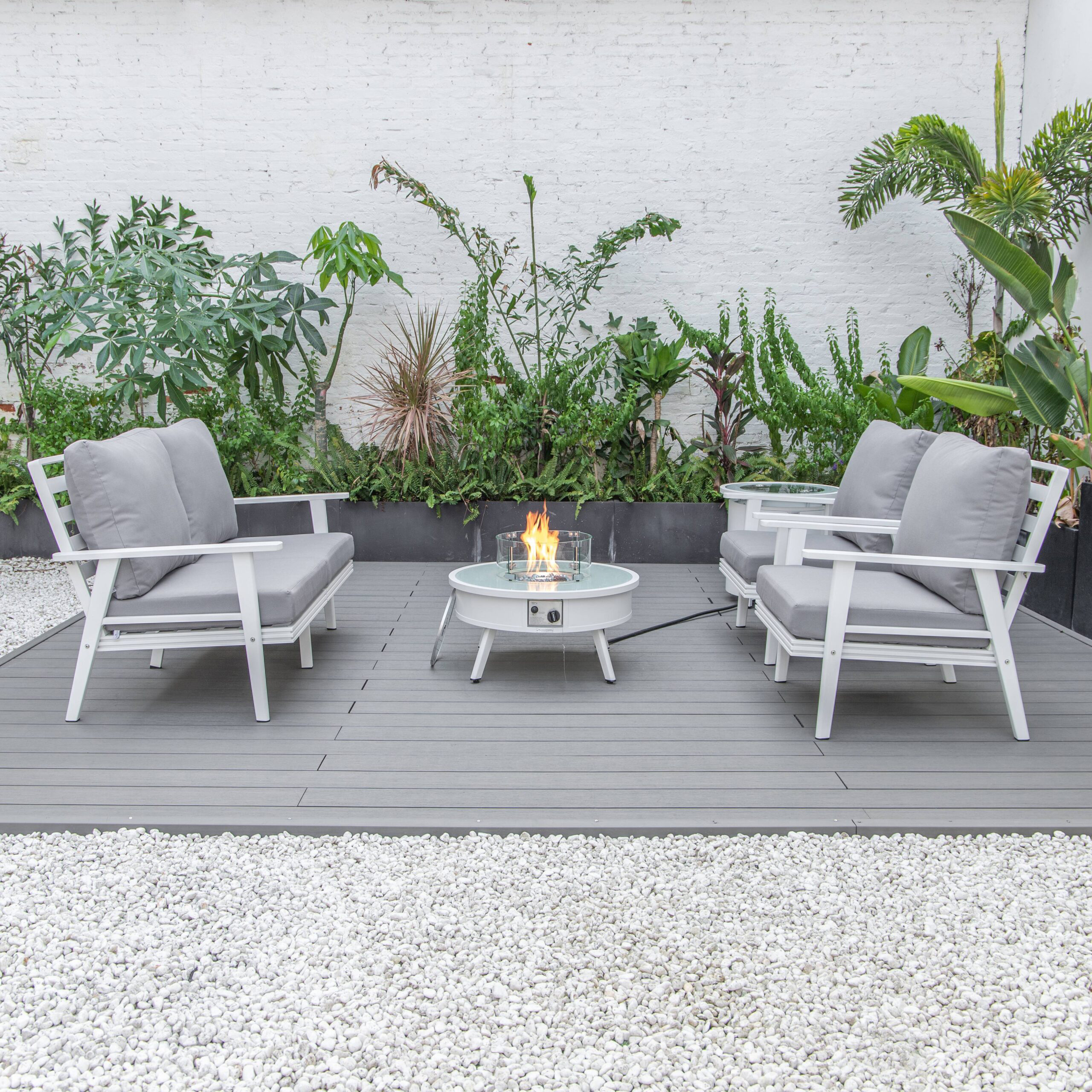 LeisureMod Walbrooke Modern White Patio Conversation With Round Fire Pit & Tank Holder - Gray