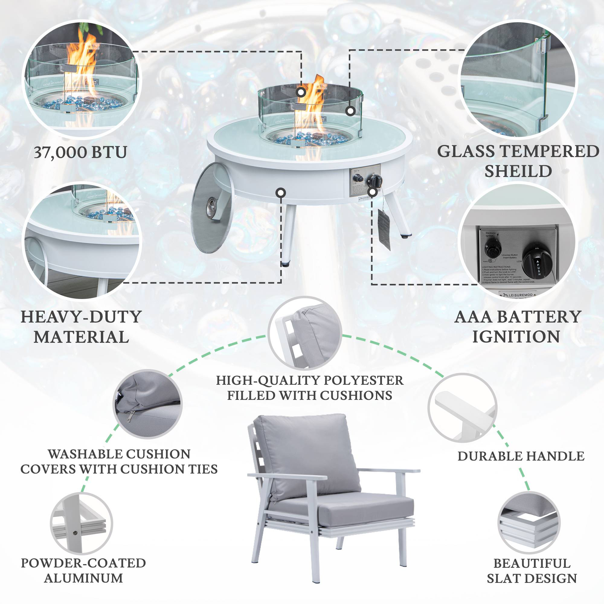 LeisureMod Walbrooke Modern White Patio Conversation With Round Fire Pit & Tank Holder - Light Gray