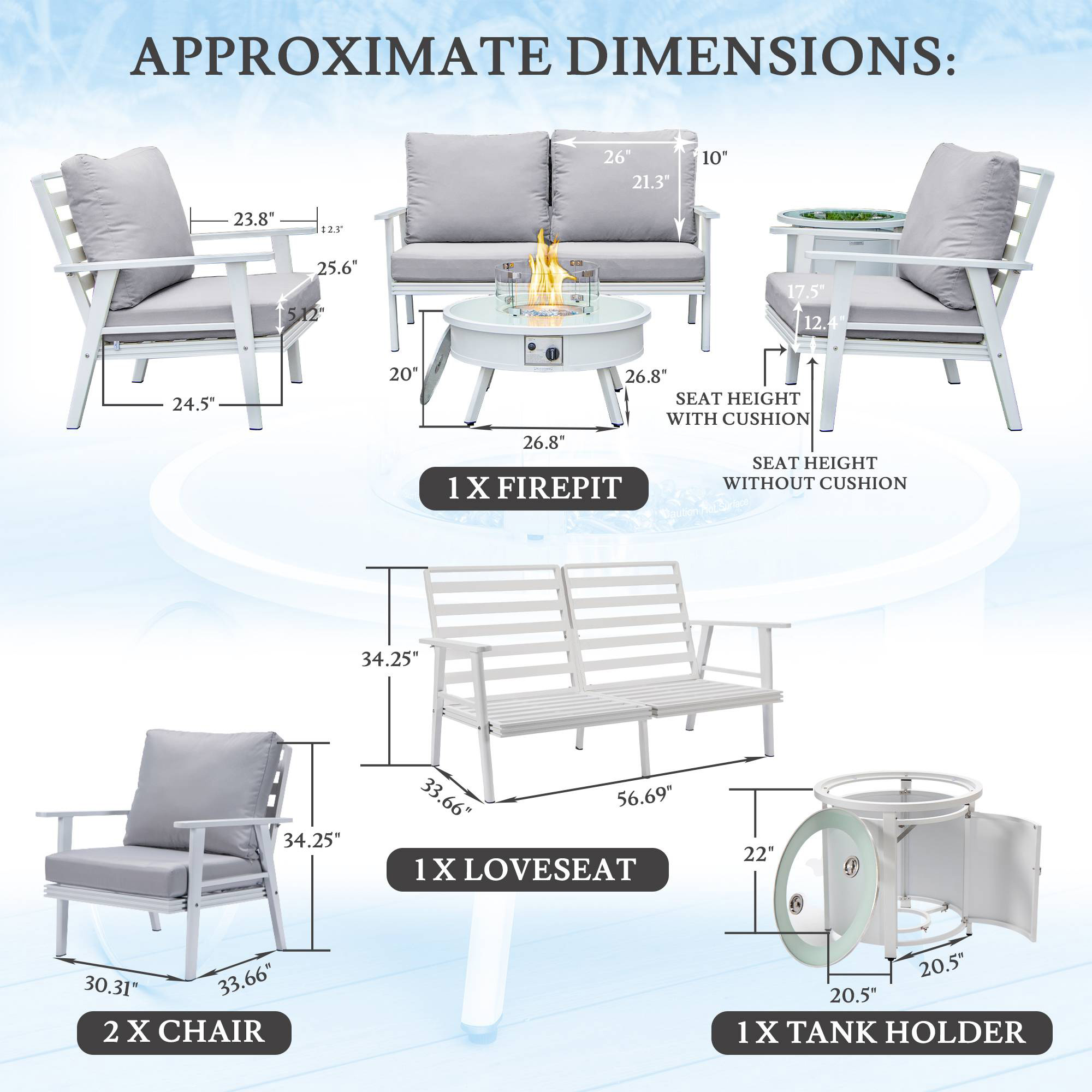 LeisureMod Walbrooke Modern White Patio Conversation With Round Fire Pit & Tank Holder - Light Gray