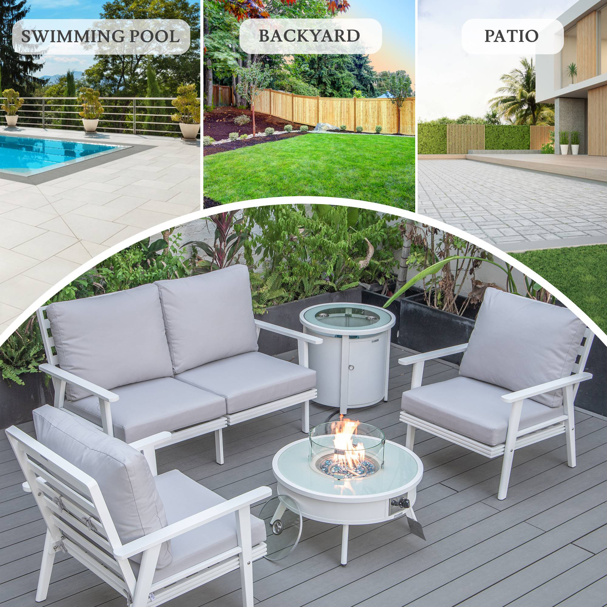 LeisureMod Walbrooke Modern White Patio Conversation With Round Fire Pit & Tank Holder - Light Gray