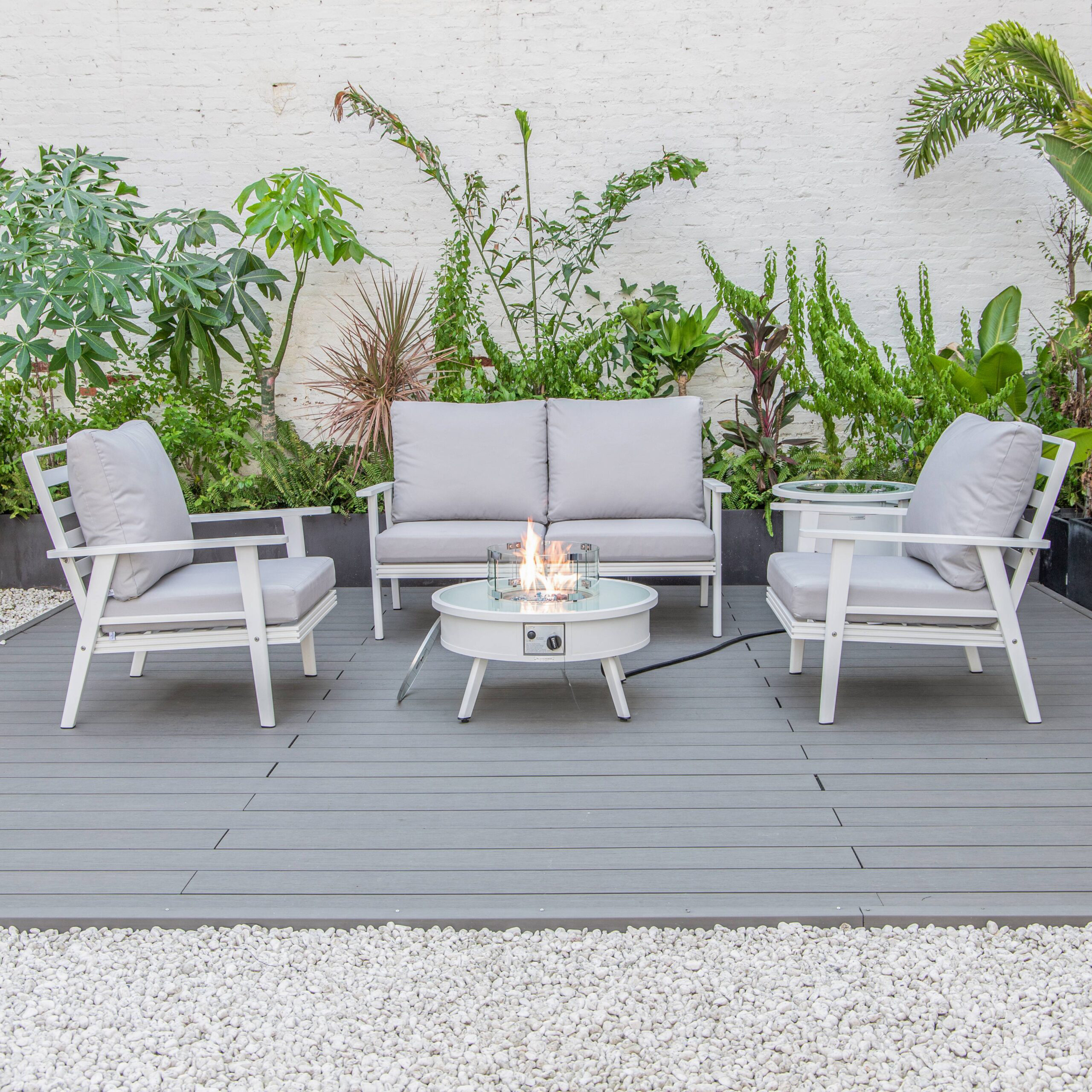 LeisureMod Walbrooke Modern White Patio Conversation With Round Fire Pit & Tank Holder - Light Gray