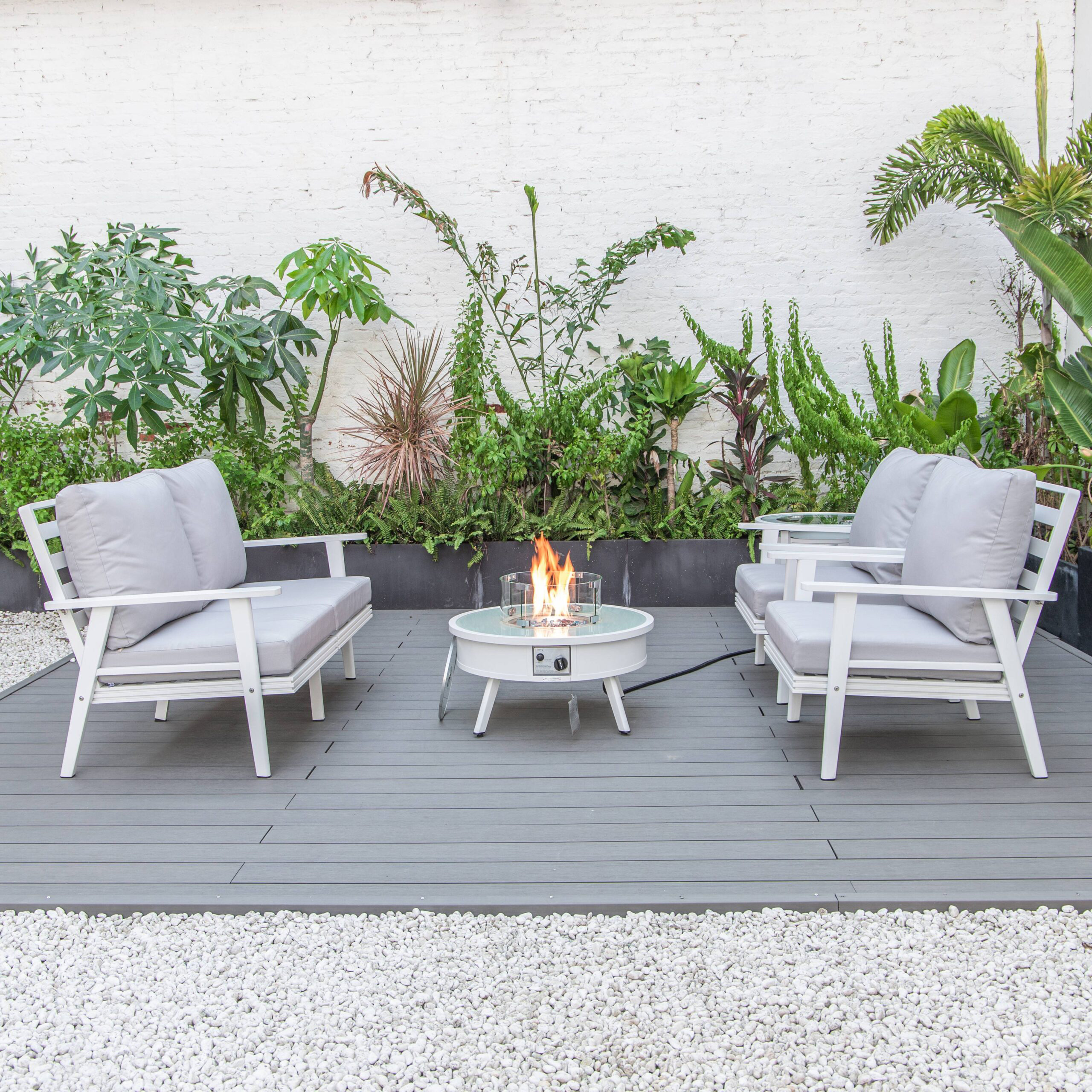 LeisureMod Walbrooke Modern White Patio Conversation With Round Fire Pit & Tank Holder - Light Gray