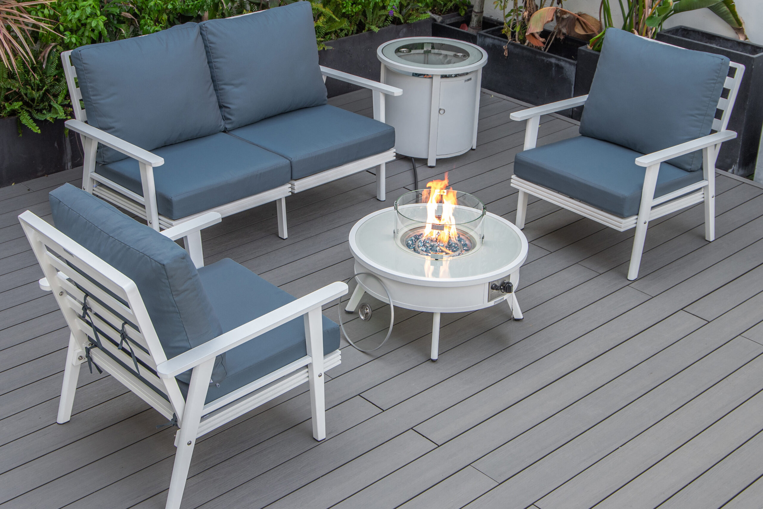 LeisureMod Walbrooke Modern Black Patio Conversation With Round Fire Pit & Tank Holder