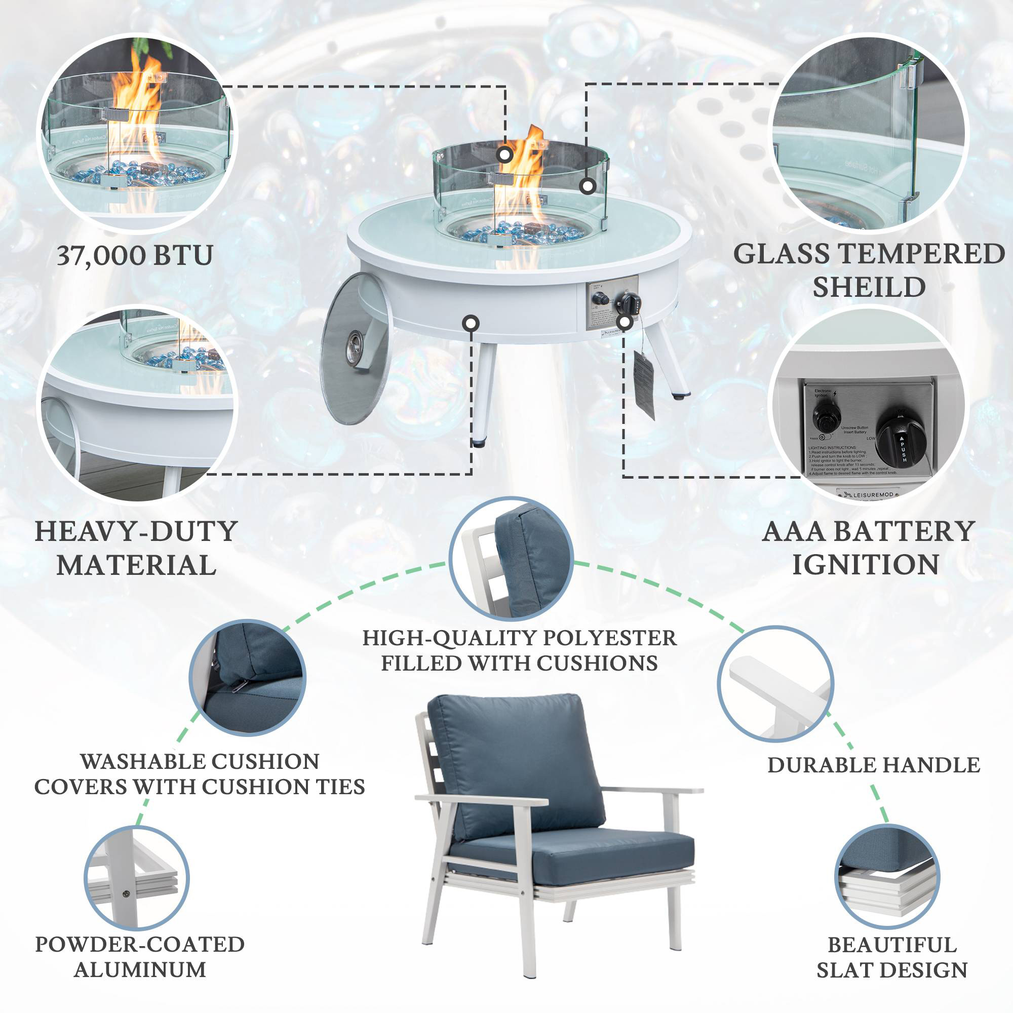 LeisureMod Walbrooke Modern White Patio Conversation With Round Fire Pit & Tank Holder - Navy Blue