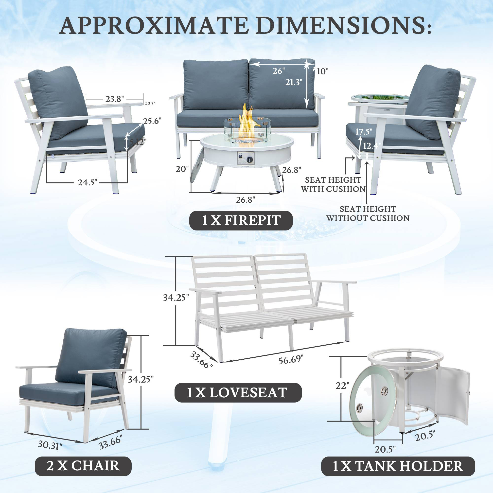 LeisureMod Walbrooke Modern White Patio Conversation With Round Fire Pit & Tank Holder - Navy Blue