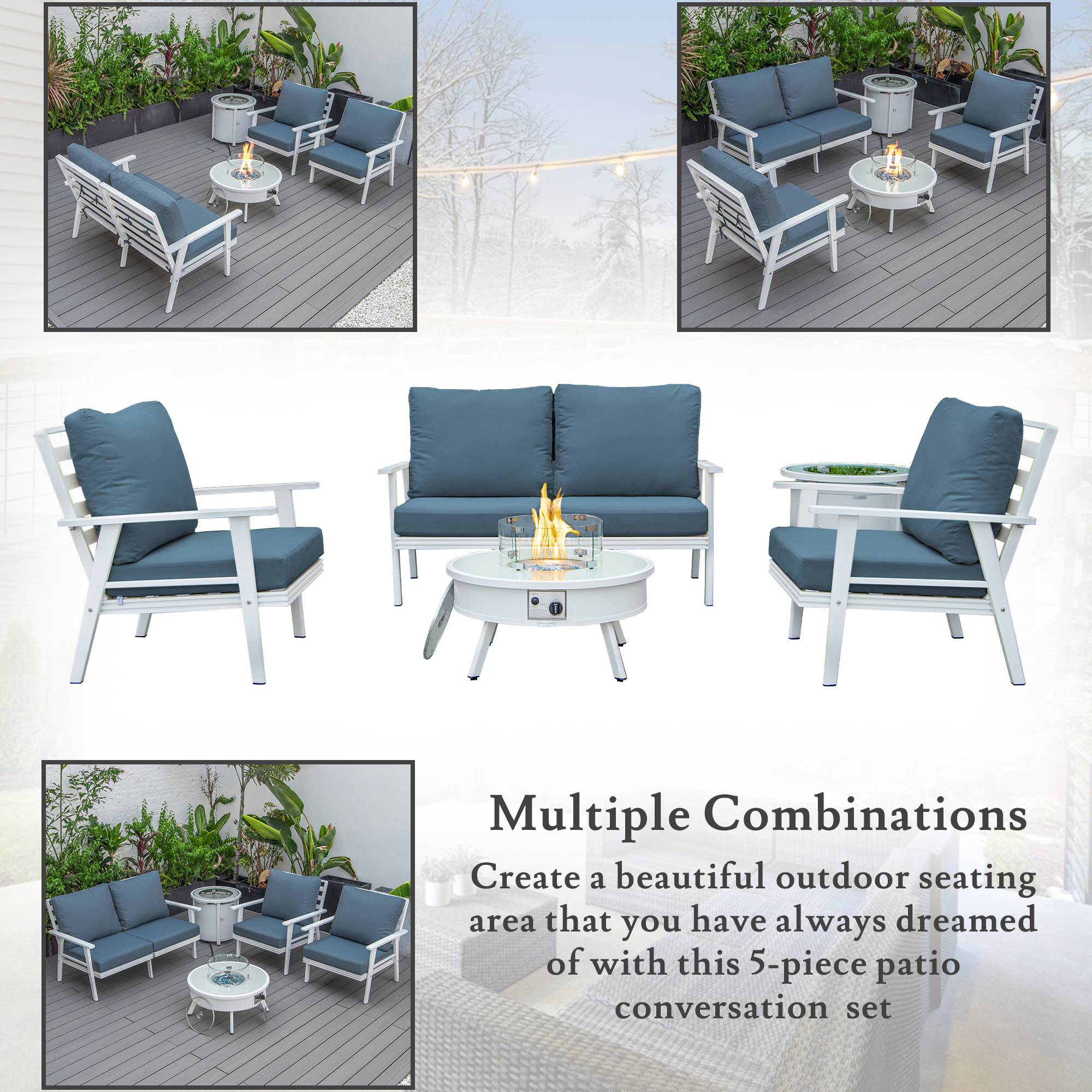 LeisureMod Walbrooke Modern White Patio Conversation With Round Fire Pit & Tank Holder - Navy Blue