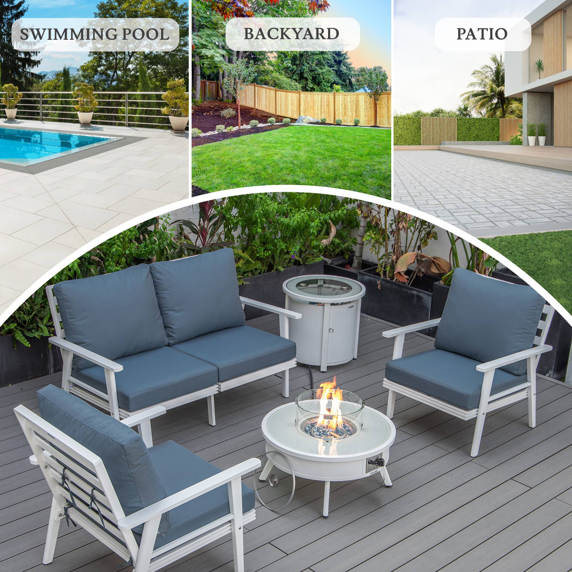 LeisureMod Walbrooke Modern White Patio Conversation With Round Fire Pit & Tank Holder - Navy Blue