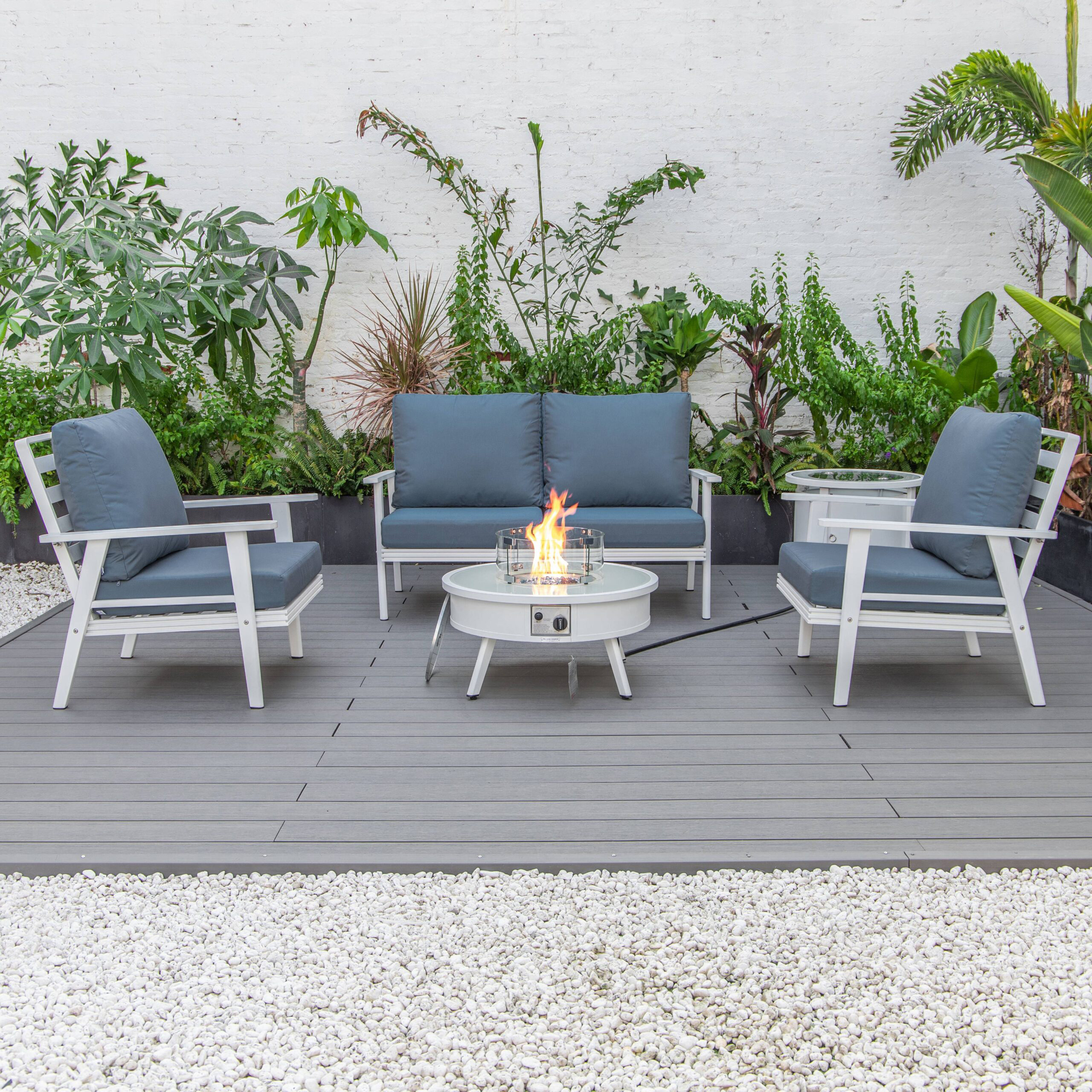 LeisureMod Walbrooke Modern White Patio Conversation With Round Fire Pit & Tank Holder - Navy Blue