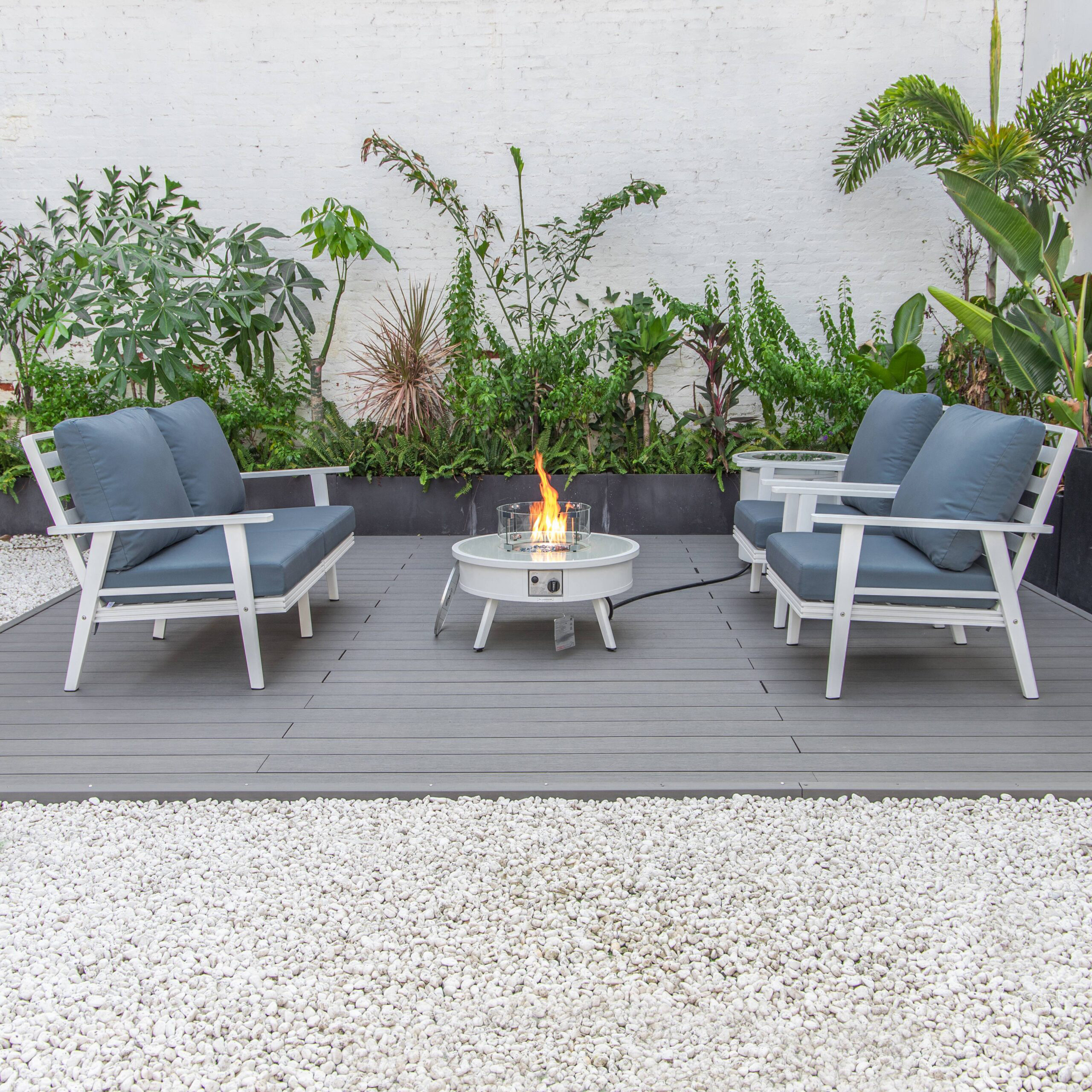 LeisureMod Walbrooke Modern White Patio Conversation With Round Fire Pit & Tank Holder - Navy Blue