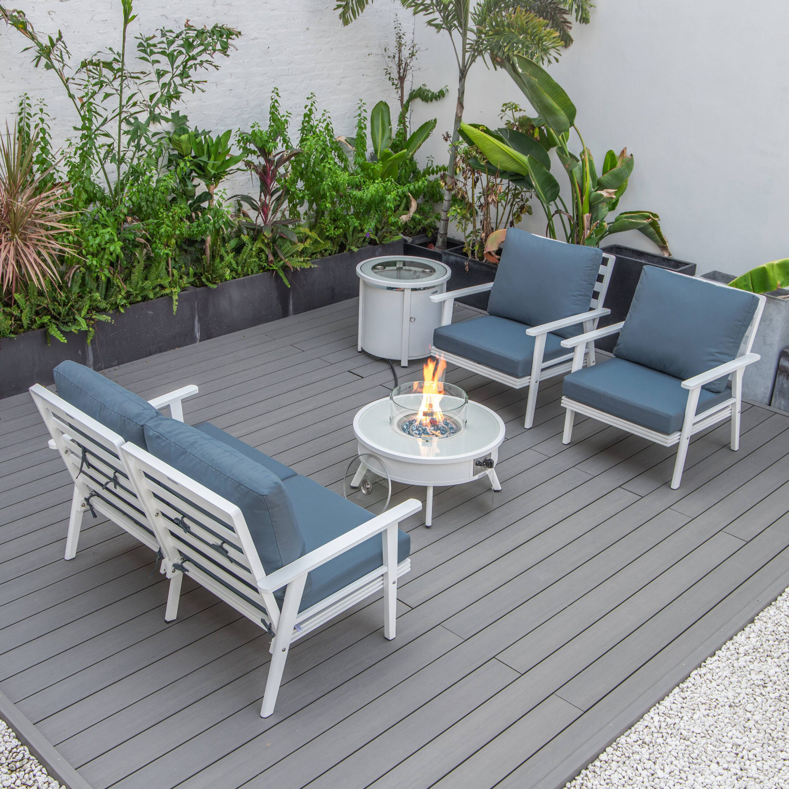 LeisureMod Walbrooke Modern White Patio Conversation With Round Fire Pit & Tank Holder - Navy Blue