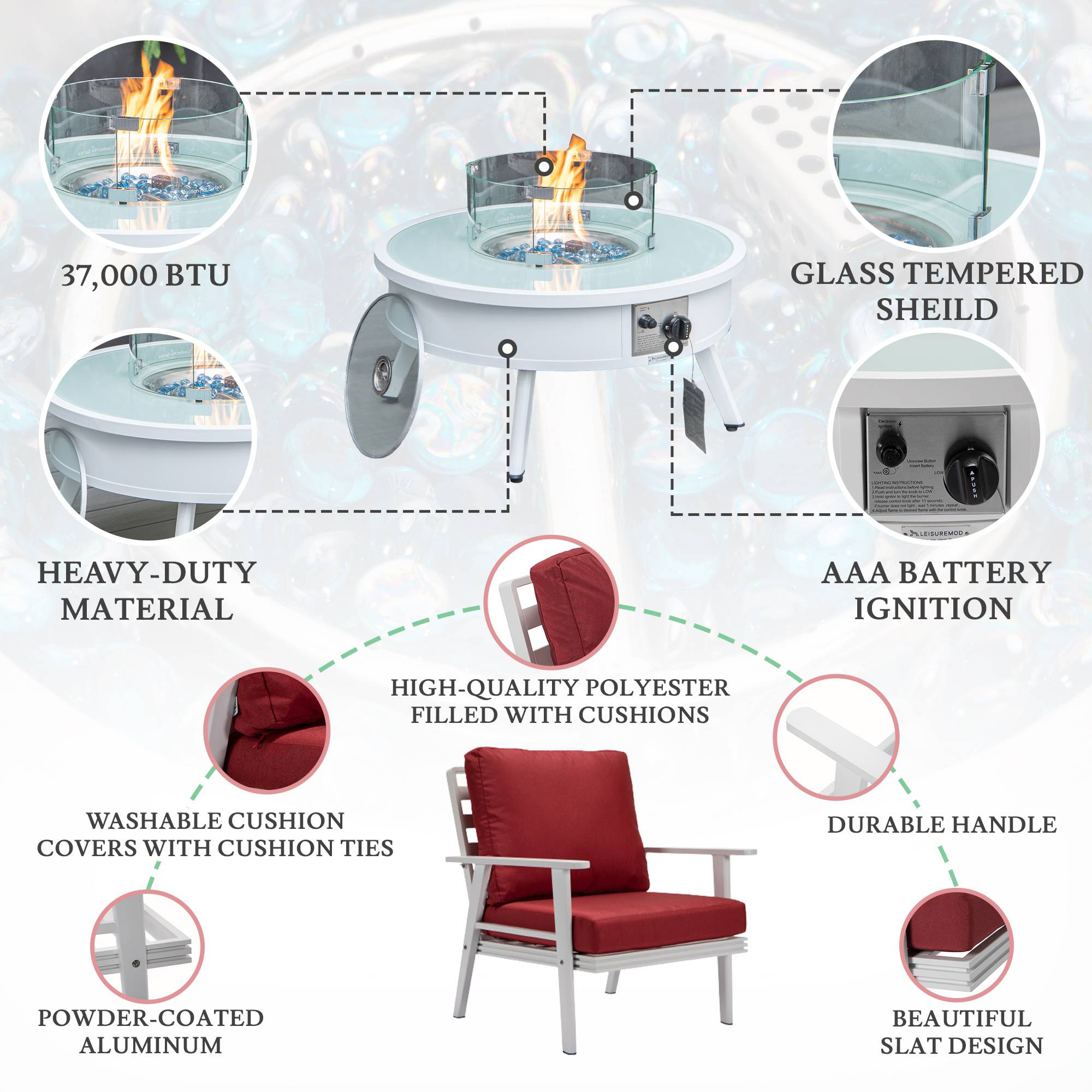 LeisureMod™ Walbrooke Modern White Patio Conversation With Round Fire Pit & Tank Holder - Red