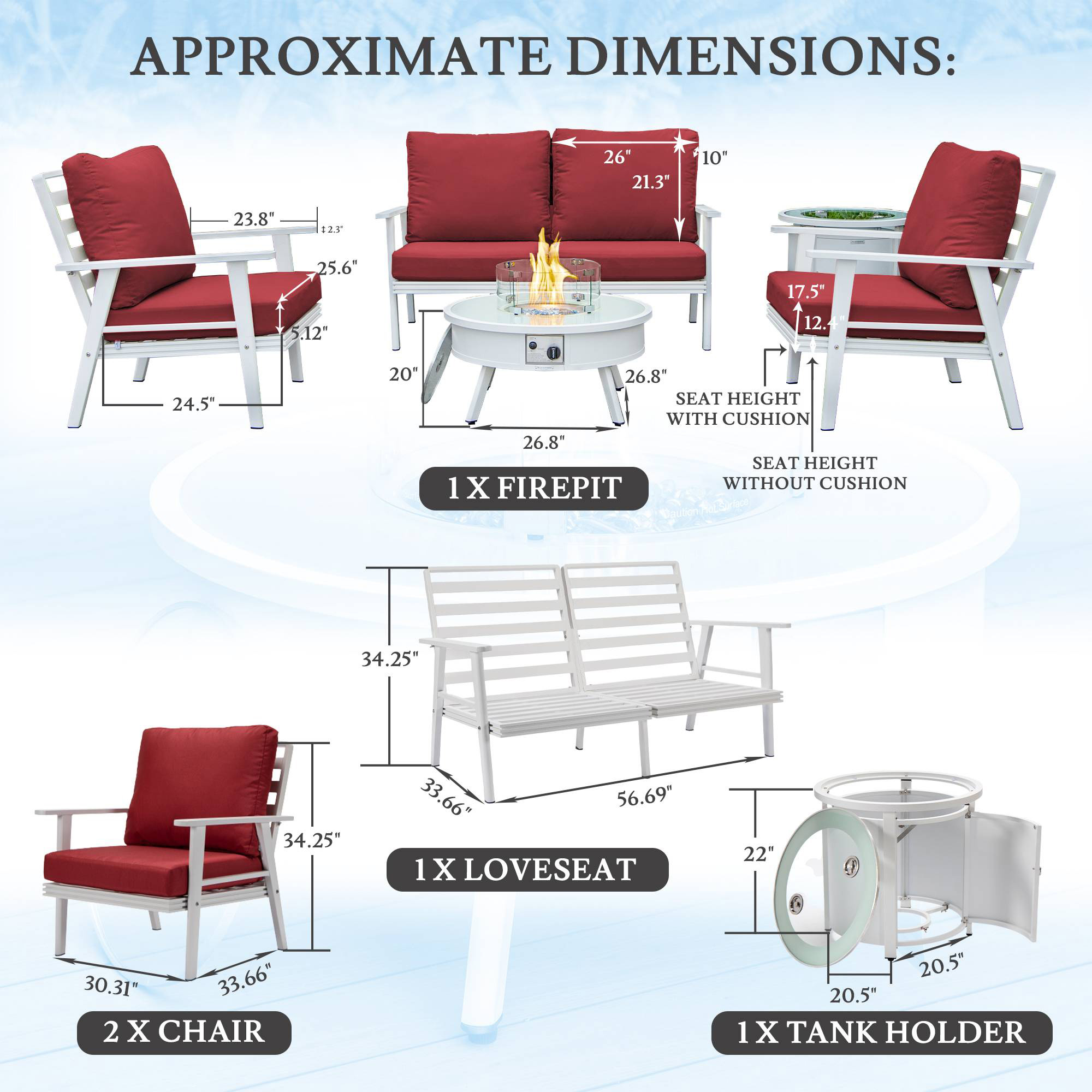 LeisureMod™ Walbrooke Modern White Patio Conversation With Round Fire Pit & Tank Holder - Red