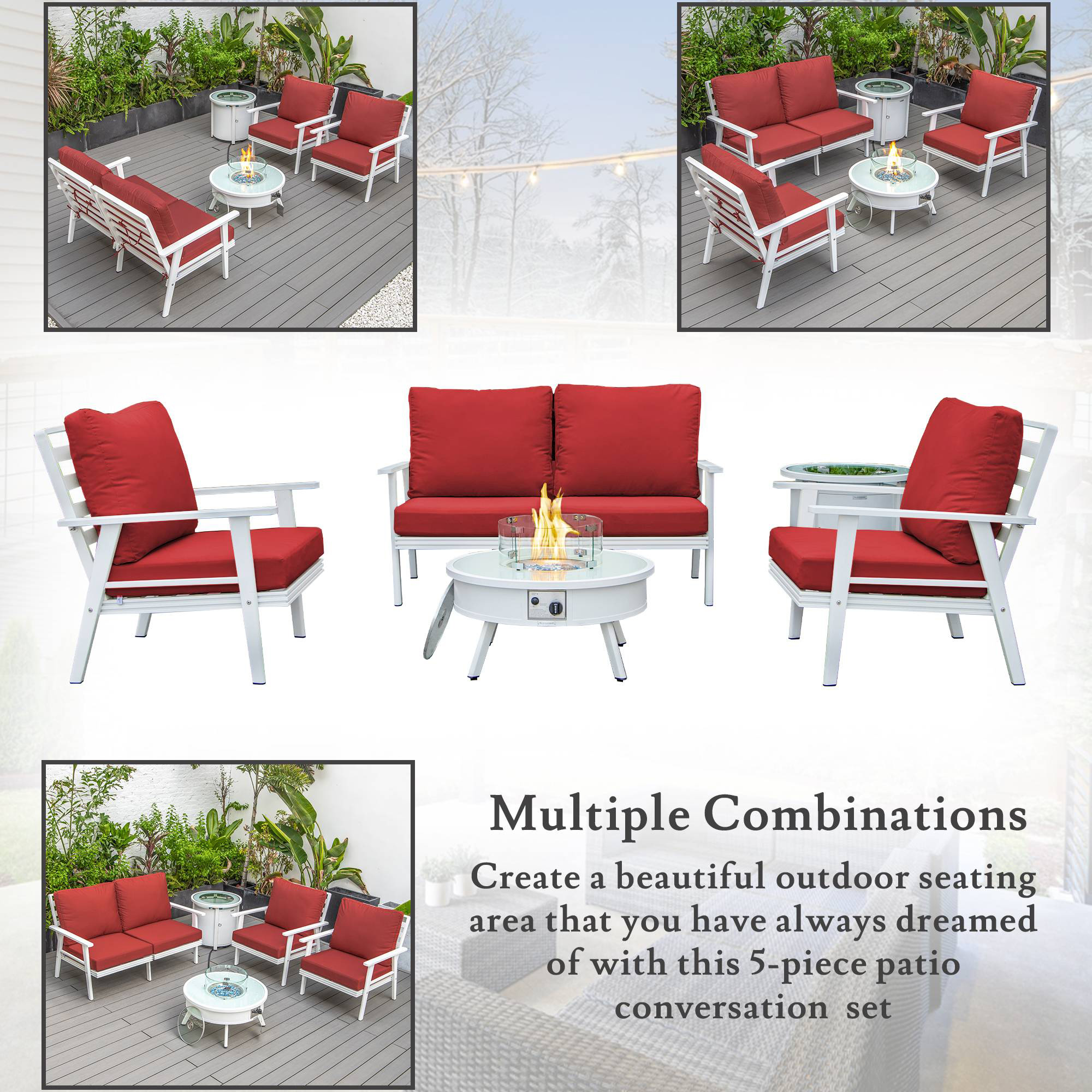 LeisureMod™ Walbrooke Modern White Patio Conversation With Round Fire Pit & Tank Holder - Red