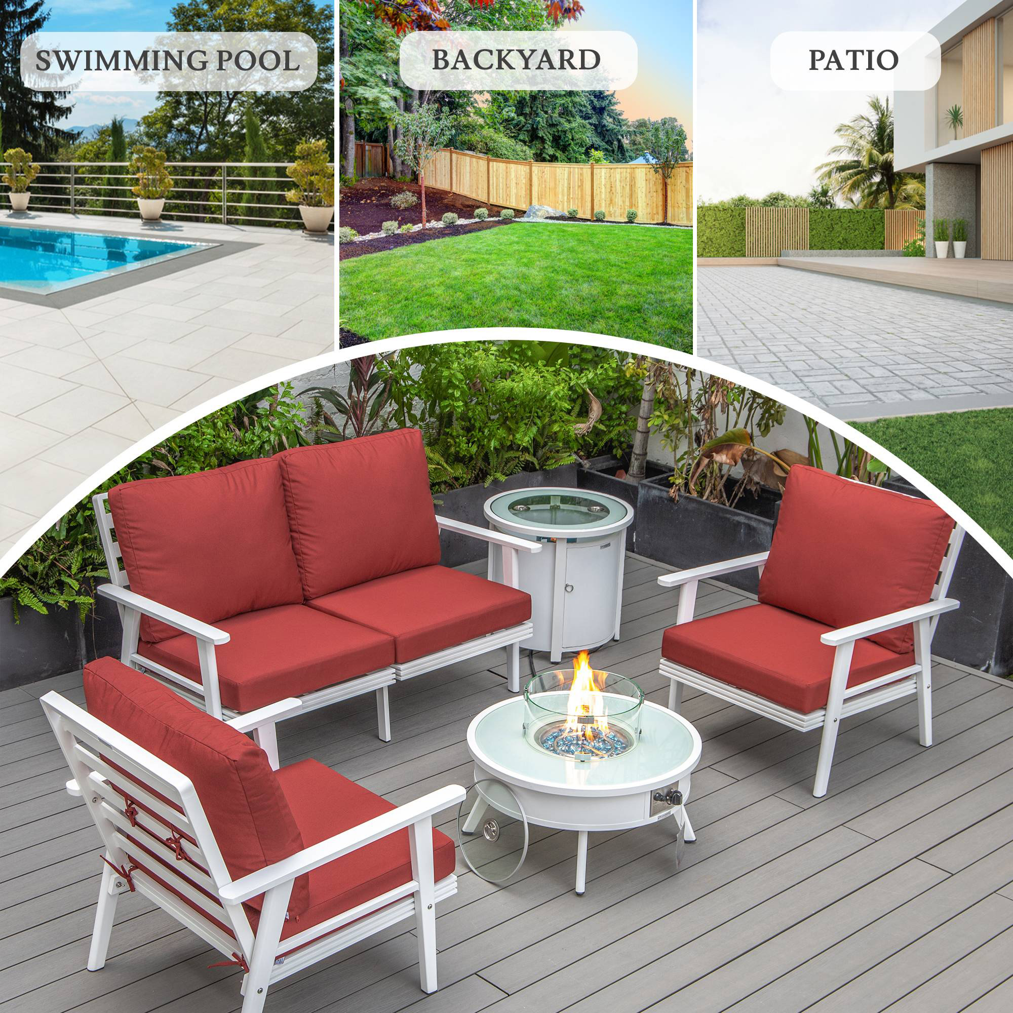 LeisureMod™ Walbrooke Modern White Patio Conversation With Round Fire Pit & Tank Holder - Red