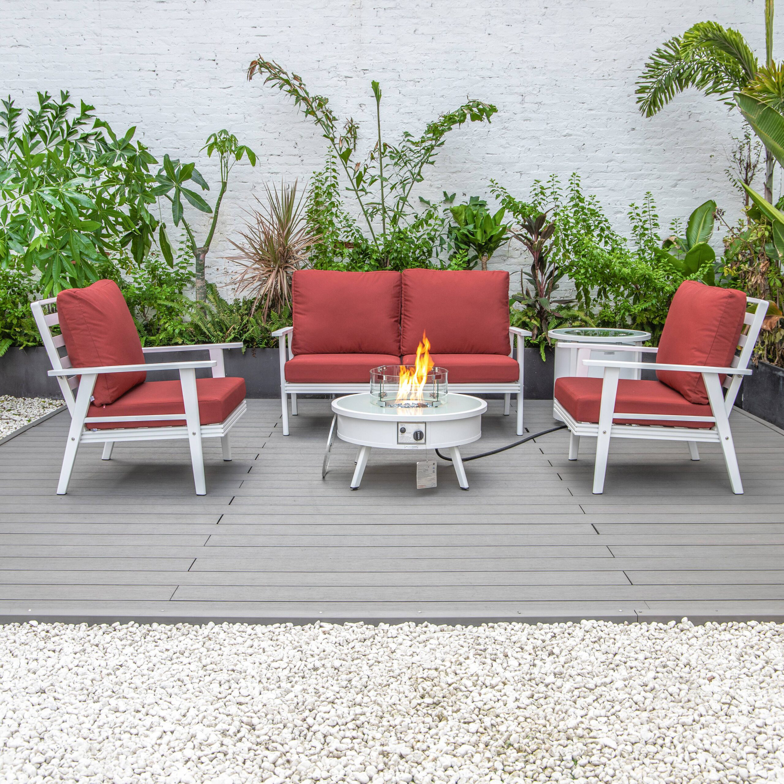 LeisureMod™ Walbrooke Modern White Patio Conversation With Round Fire Pit & Tank Holder - Red