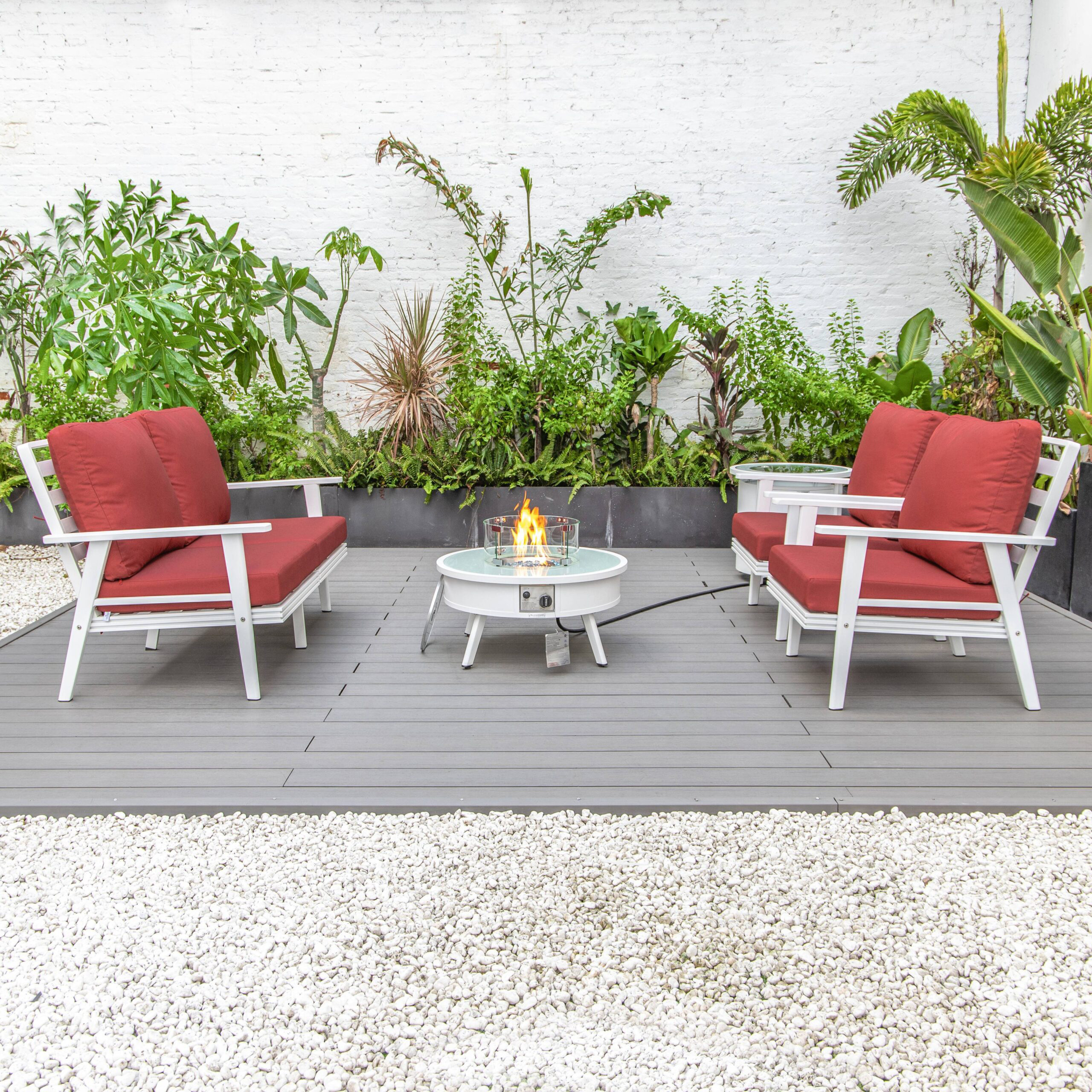 LeisureMod™ Walbrooke Modern White Patio Conversation With Round Fire Pit & Tank Holder - Red