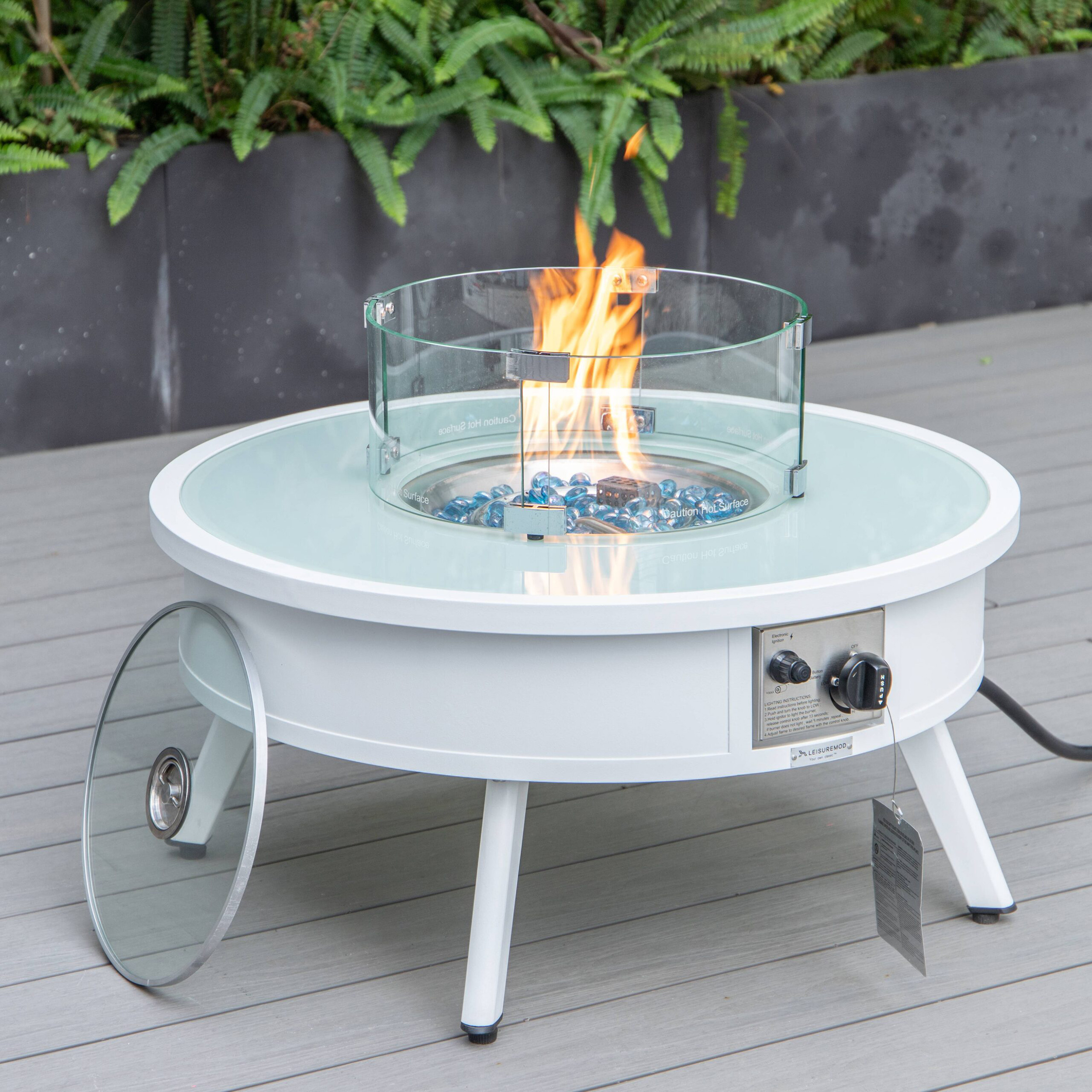 LeisureMod Walbrooke Outdoor Patio Round Fire Pit and Tank Holder - White