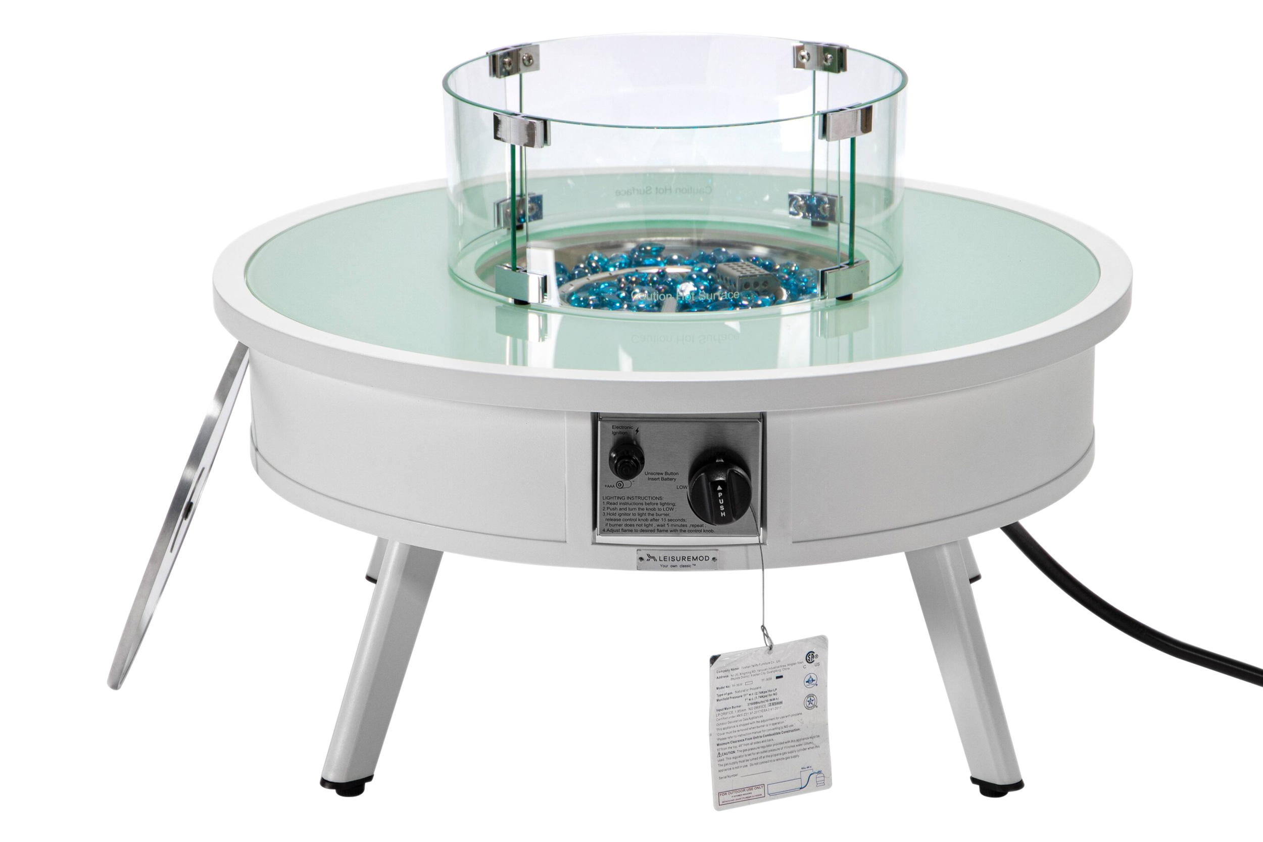 LeisureMod Walbrooke Modern Outdoor Round Fire Pit Table with Powder-Coated Aluminum Frame - White