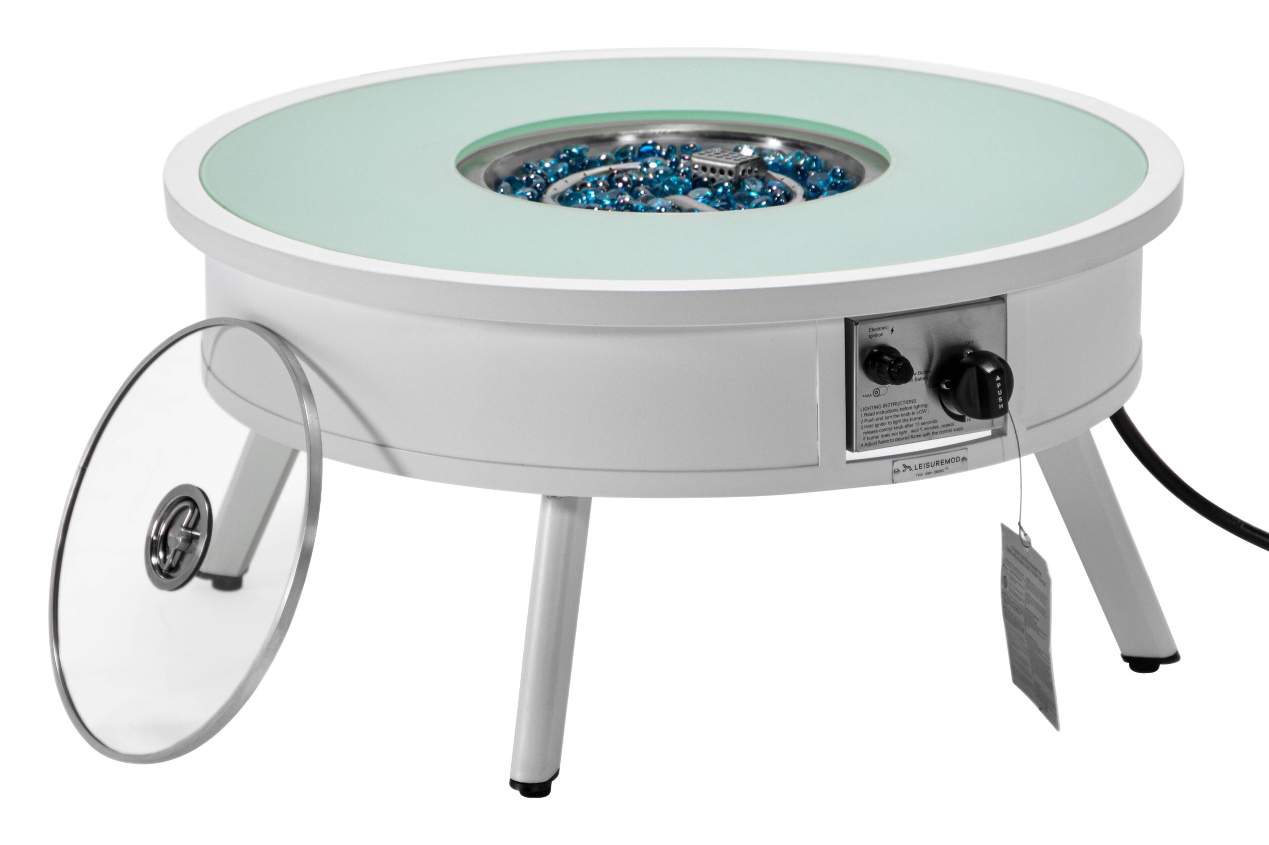 LeisureMod Walbrooke Modern Outdoor Round Fire Pit Table with Powder-Coated Aluminum Frame - White