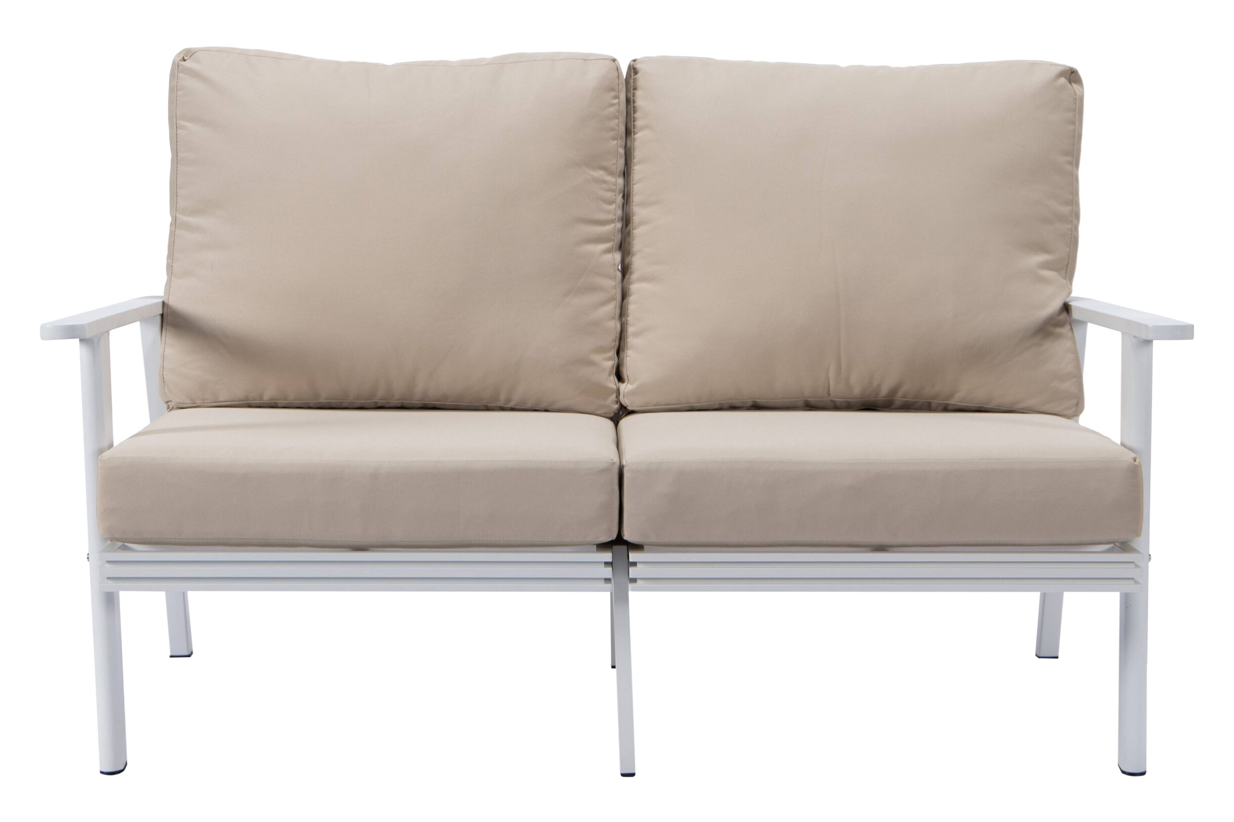 LeisureMod Walbrooke Modern Outdoor Patio Loveseat with White Aluminum Frame and Removable Cushions - Beige