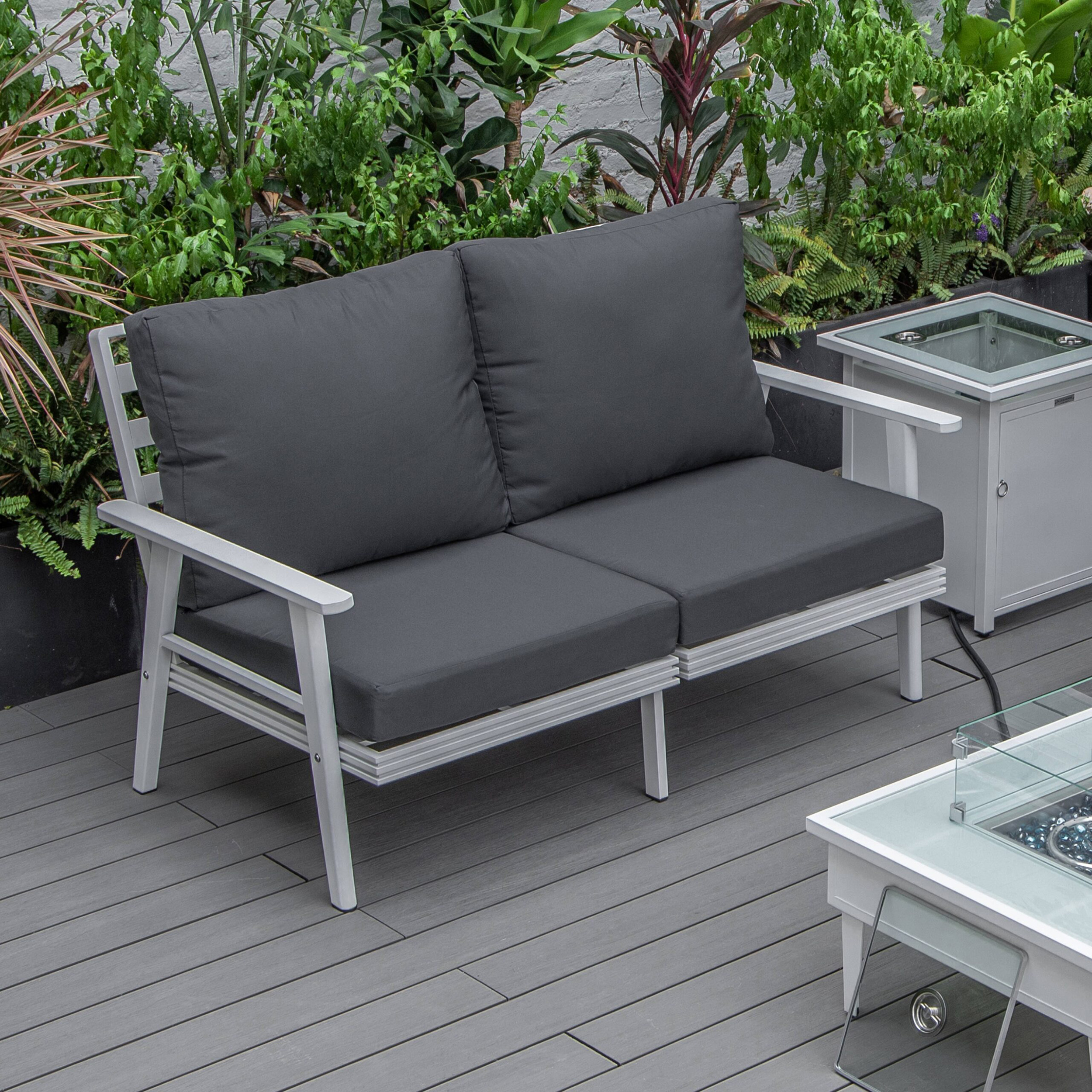 LeisureMod Walbrooke Modern Outdoor Patio Loveseat with White Aluminum Frame and Removable Cushions - Charcoal