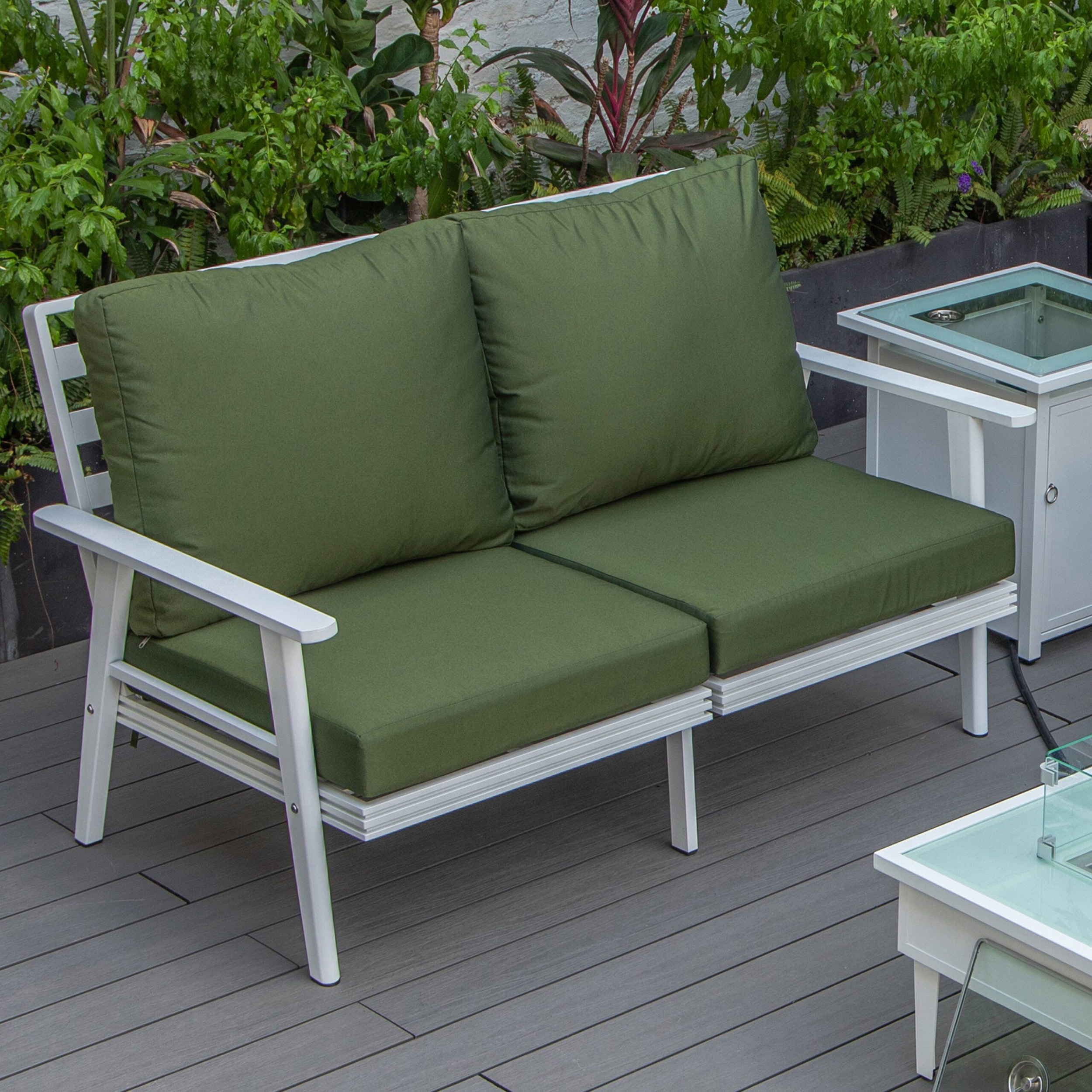 LeisureMod Walbrooke Modern Outdoor Patio Loveseat with White Aluminum Frame and Removable Cushions - Green