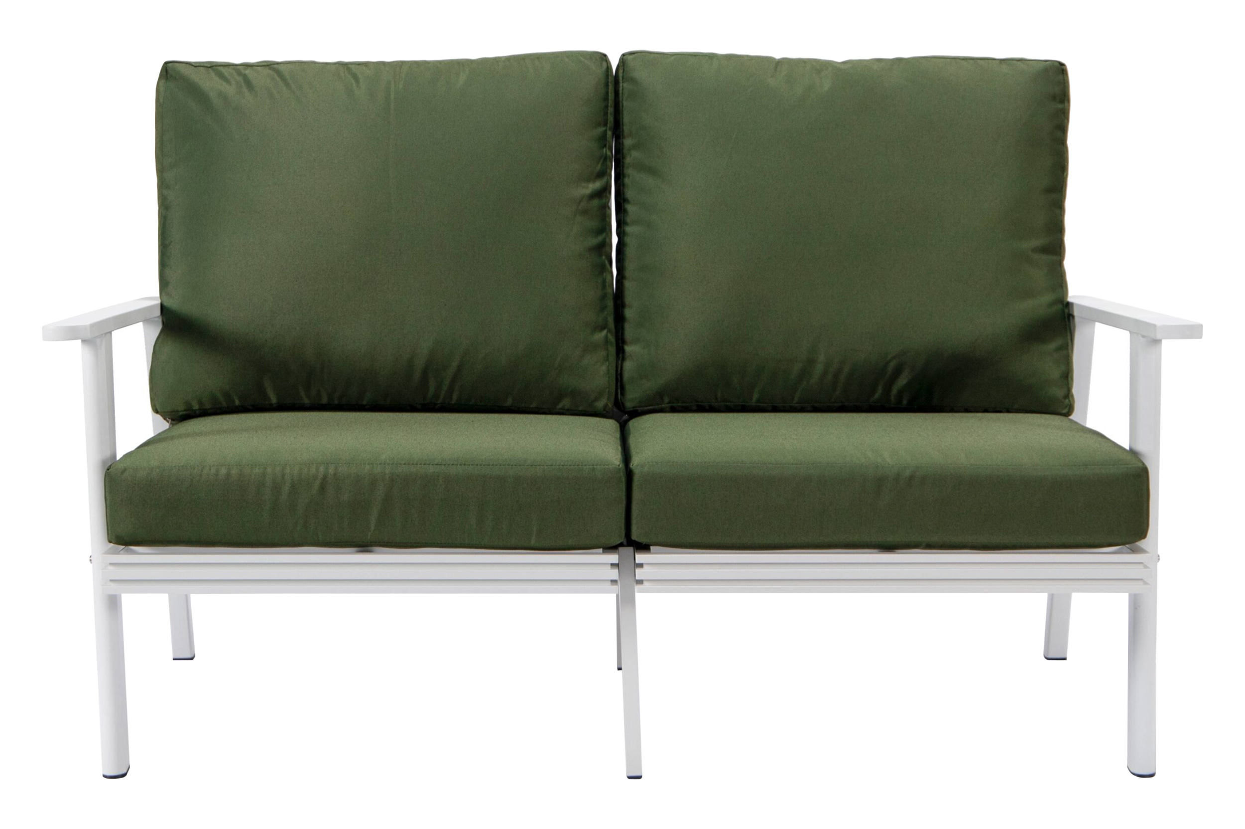 LeisureMod Walbrooke Modern Outdoor Patio Loveseat with White Aluminum Frame and Removable Cushions - Green