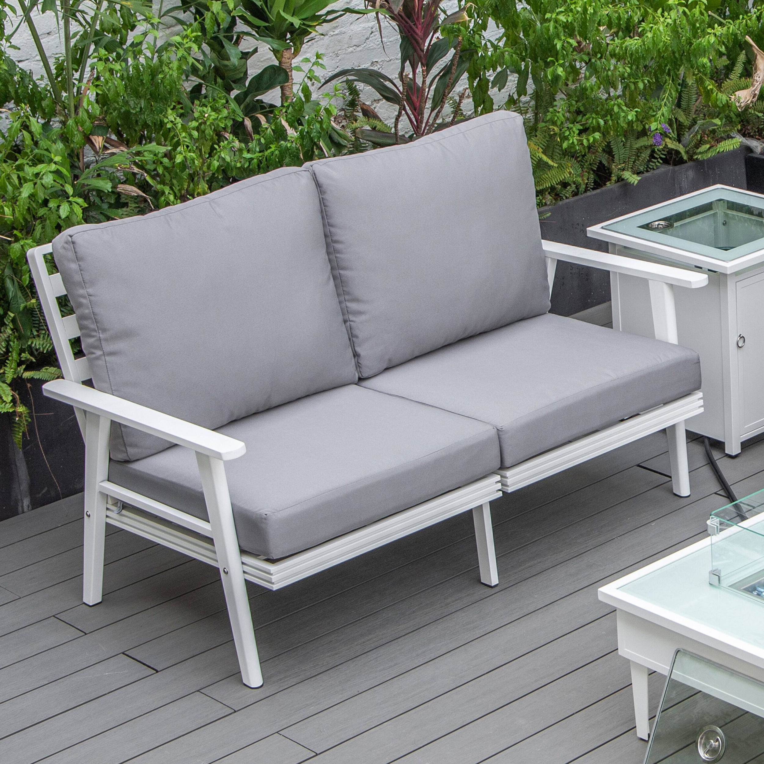 LeisureMod Walbrooke Modern Outdoor Patio Loveseat with White Aluminum Frame and Removable Cushions - Gray