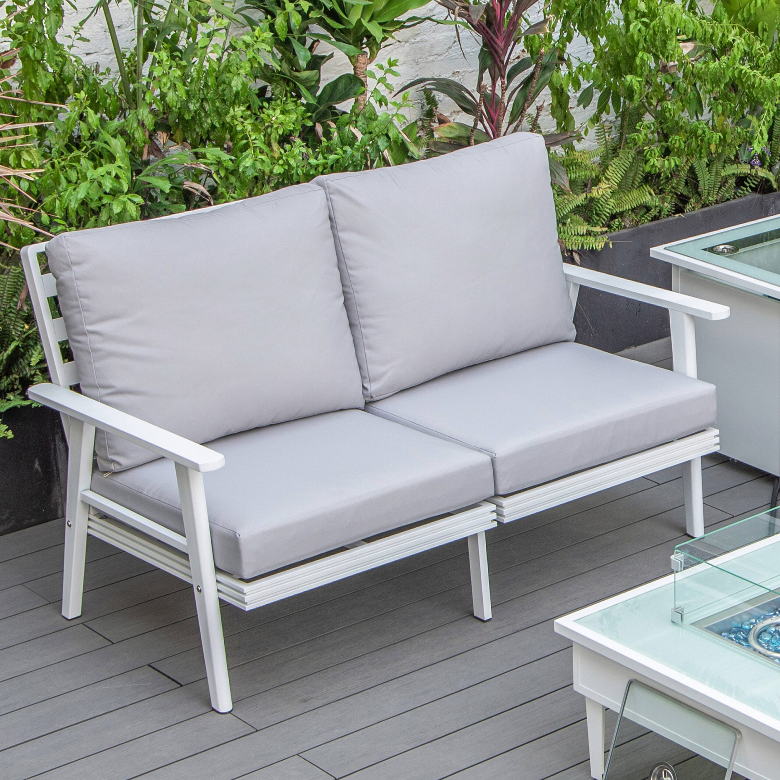 LeisureMod Walbrooke Modern Outdoor Patio Loveseat with White Aluminum Frame and Removable Cushions - Light Gray