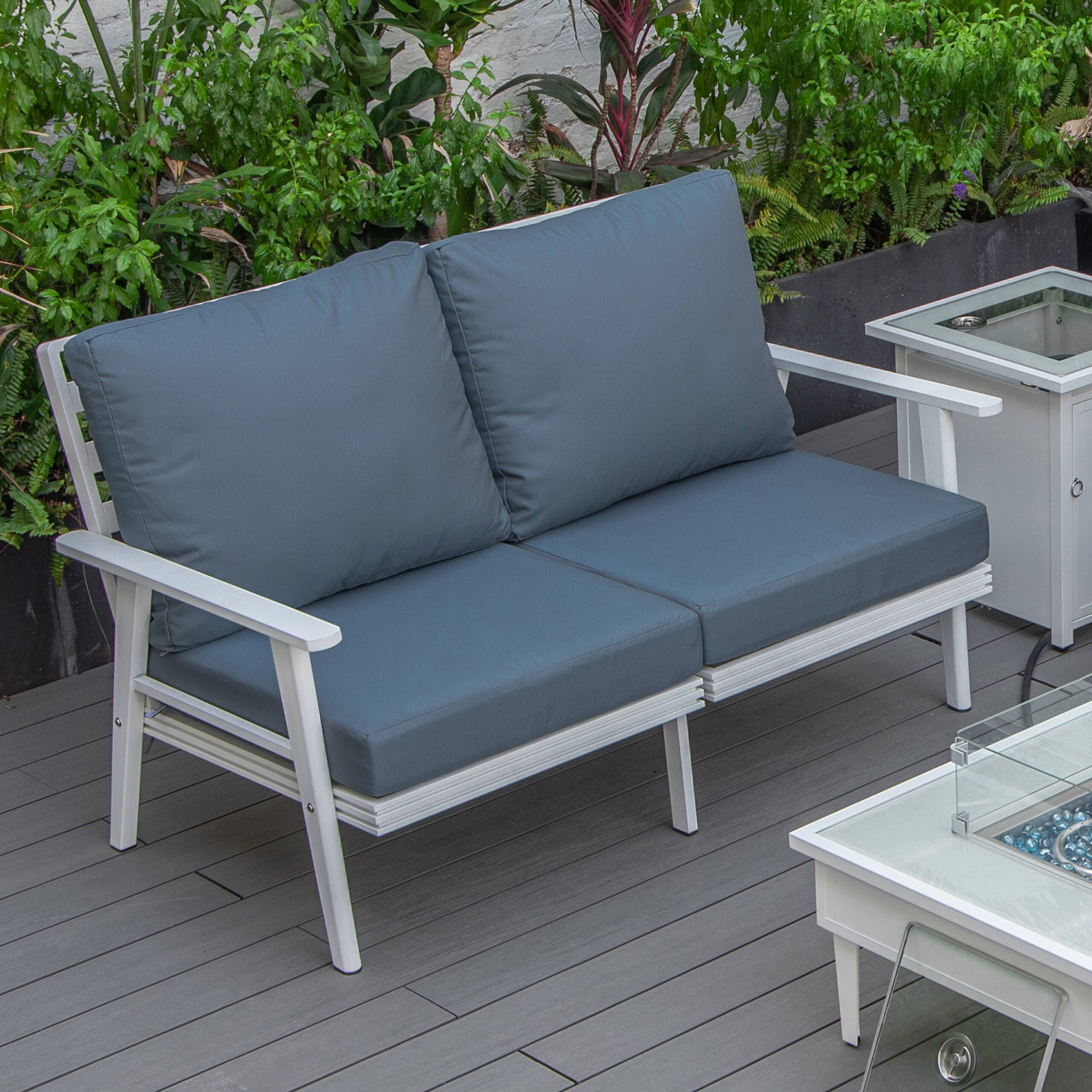 LeisureMod Walbrooke Modern Outdoor Patio Loveseat with White Aluminum Frame and Removable Cushions - Navy Blue