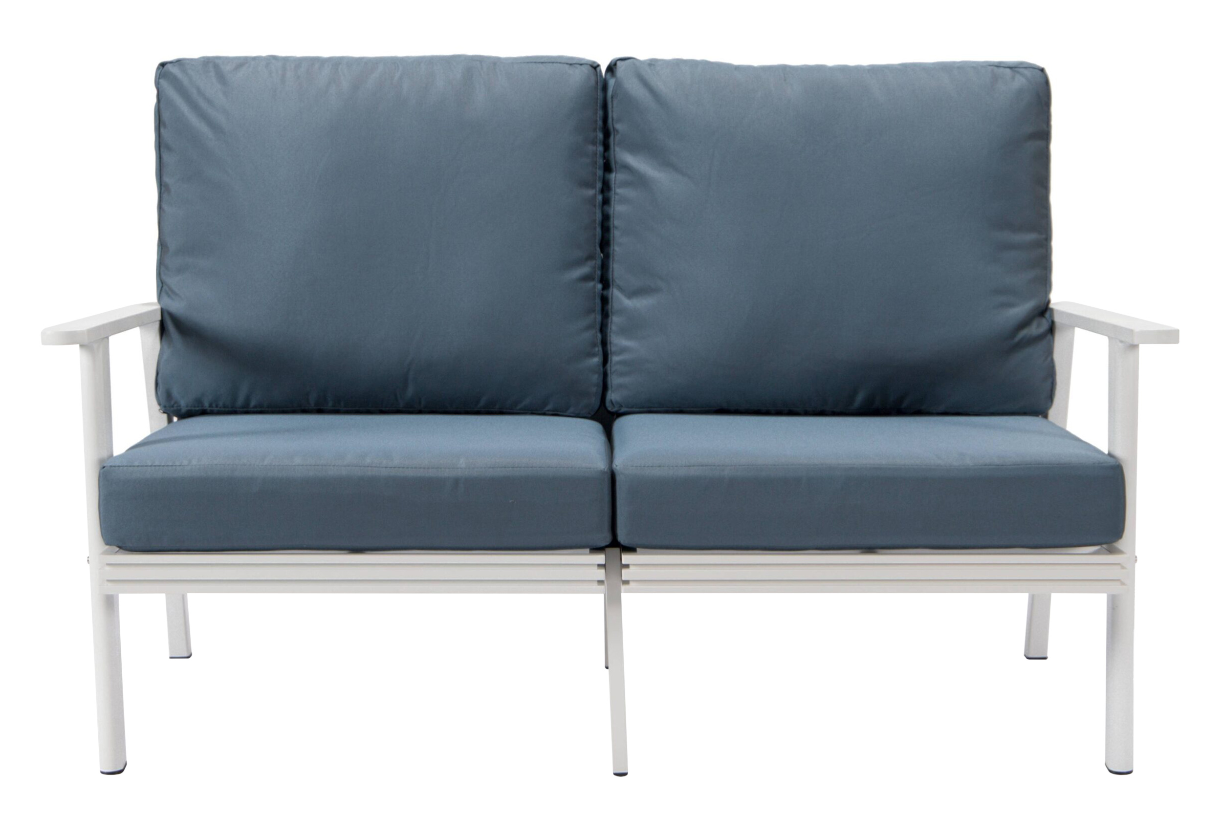 LeisureMod Walbrooke Modern Outdoor Patio Loveseat with White Aluminum Frame and Removable Cushions - Navy Blue