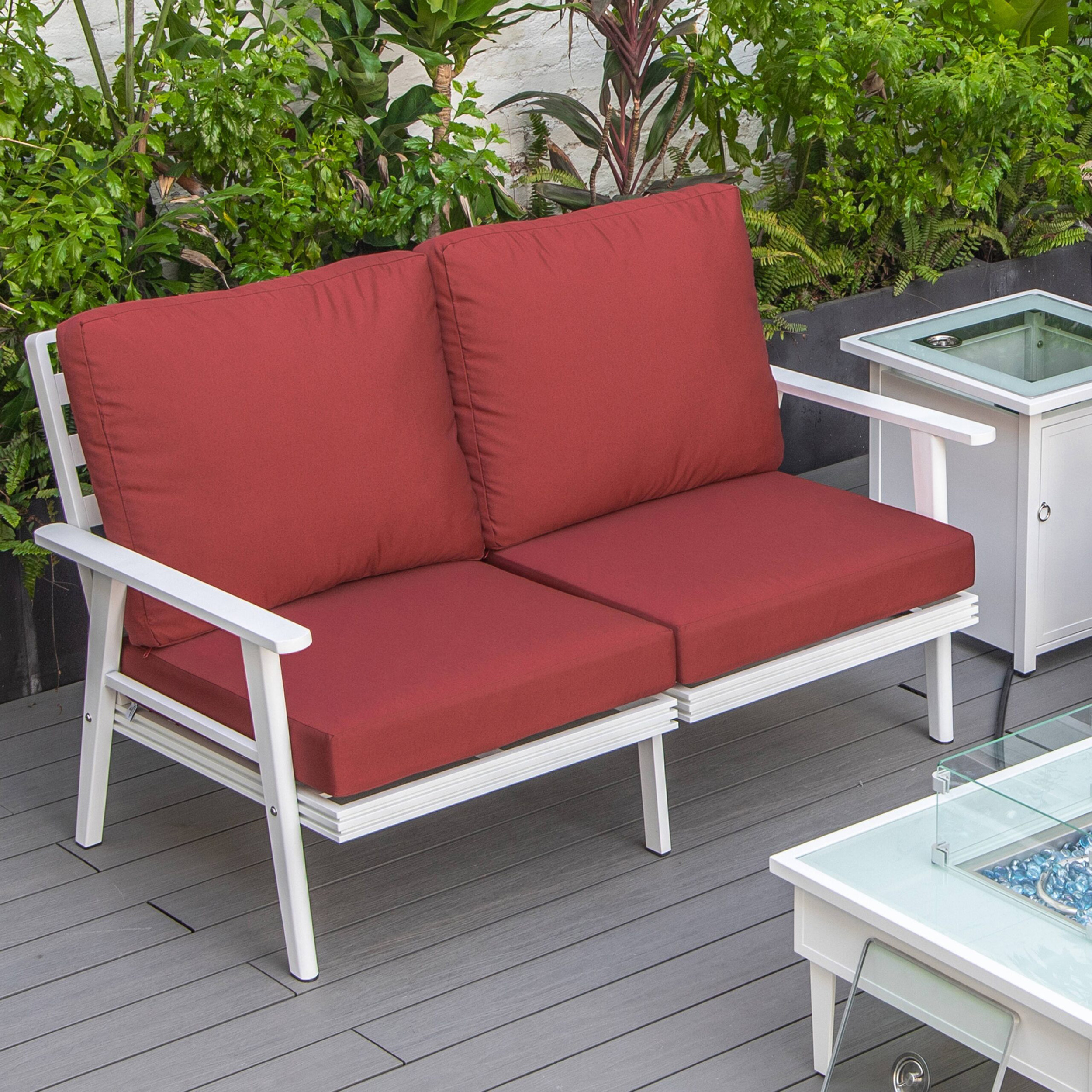 LeisureMod Walbrooke Modern Outdoor Patio Loveseat with White Aluminum Frame and Removable Cushions - Red