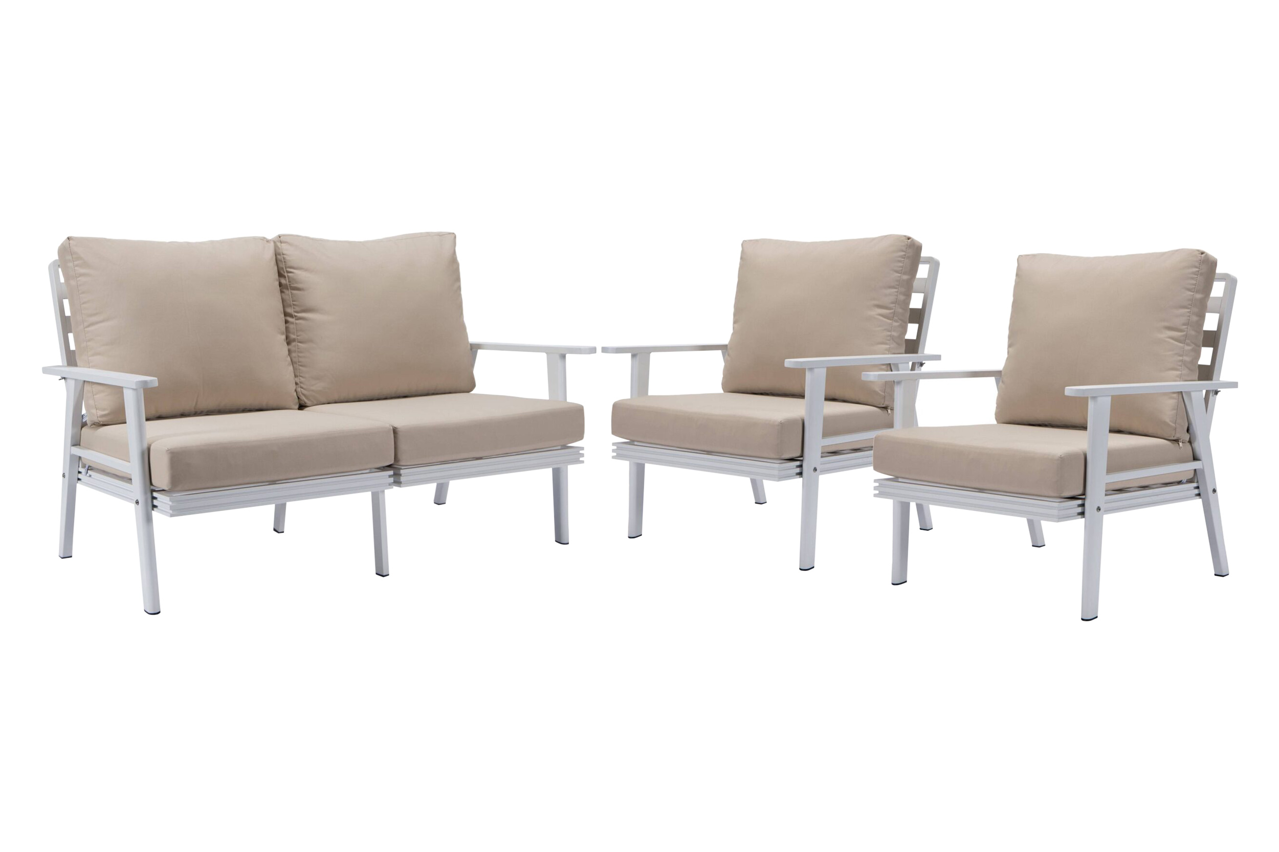 LeisureMod Walbrooke Modern 3-Piece Outdoor Patio Set with White Aluminum Frame