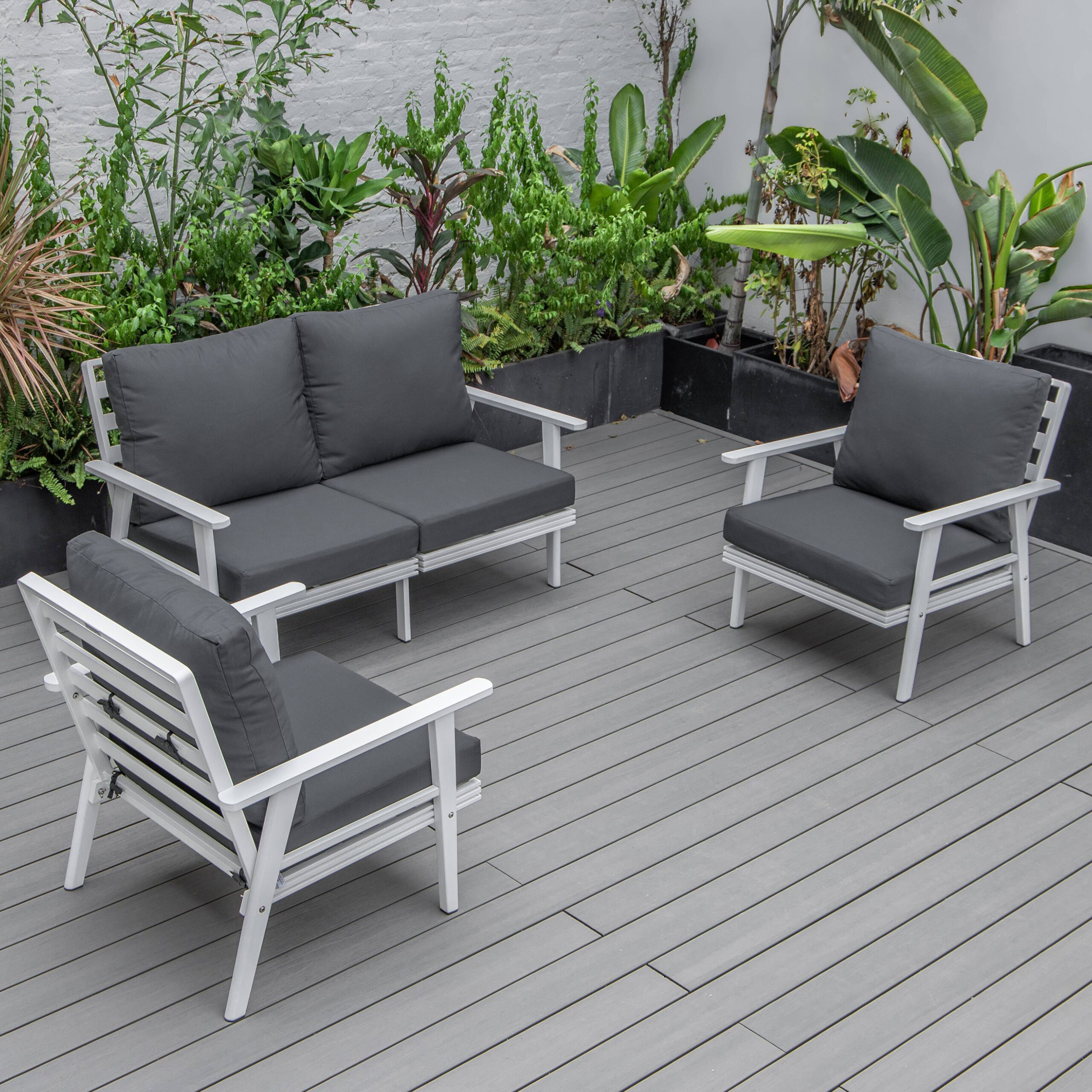 LeisureMod Walbrooke Modern 3-Piece Outdoor Patio Set with White Aluminum Frame - Charcoal