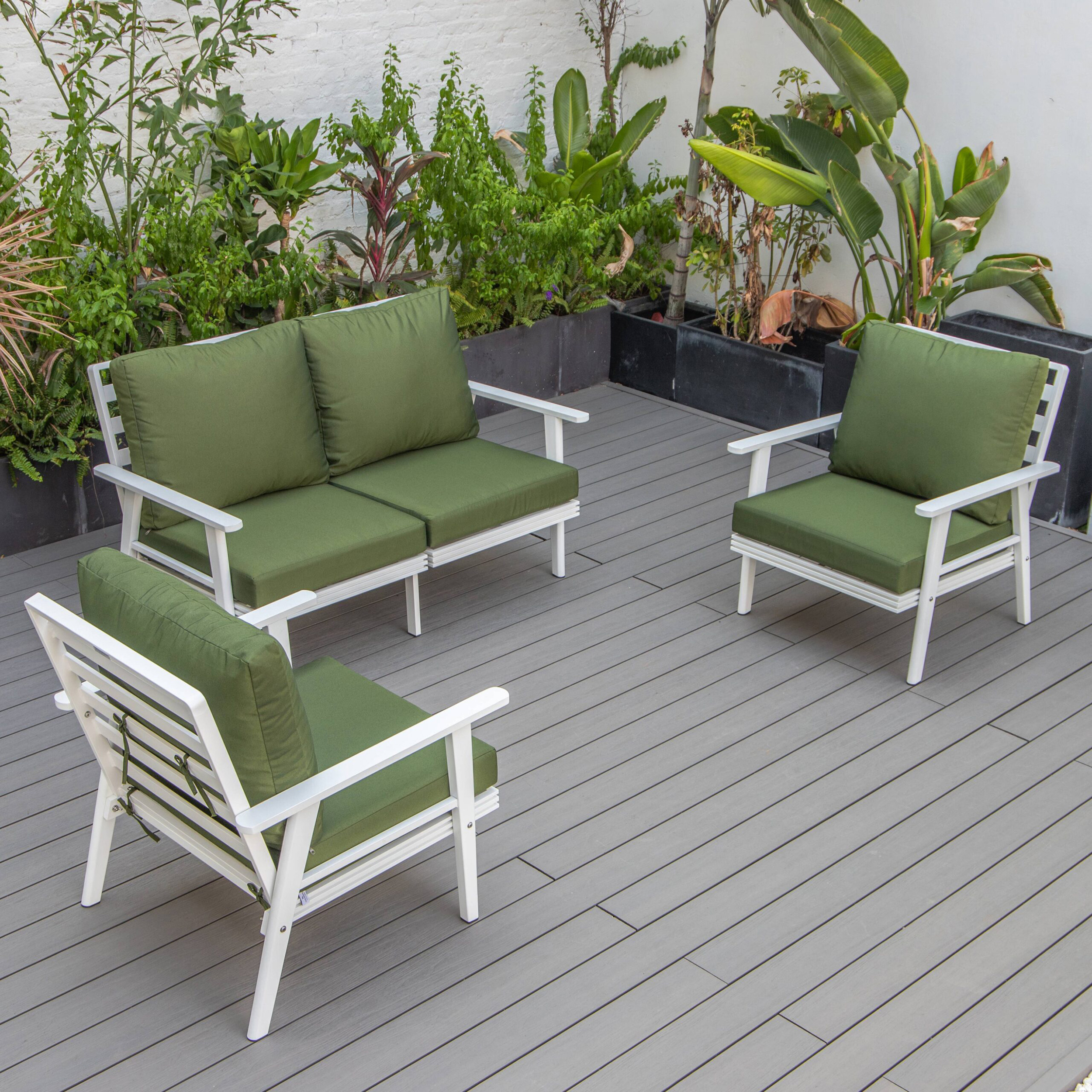 LeisureMod Walbrooke Modern 3-Piece Outdoor Patio Set with White Aluminum Frame - Green