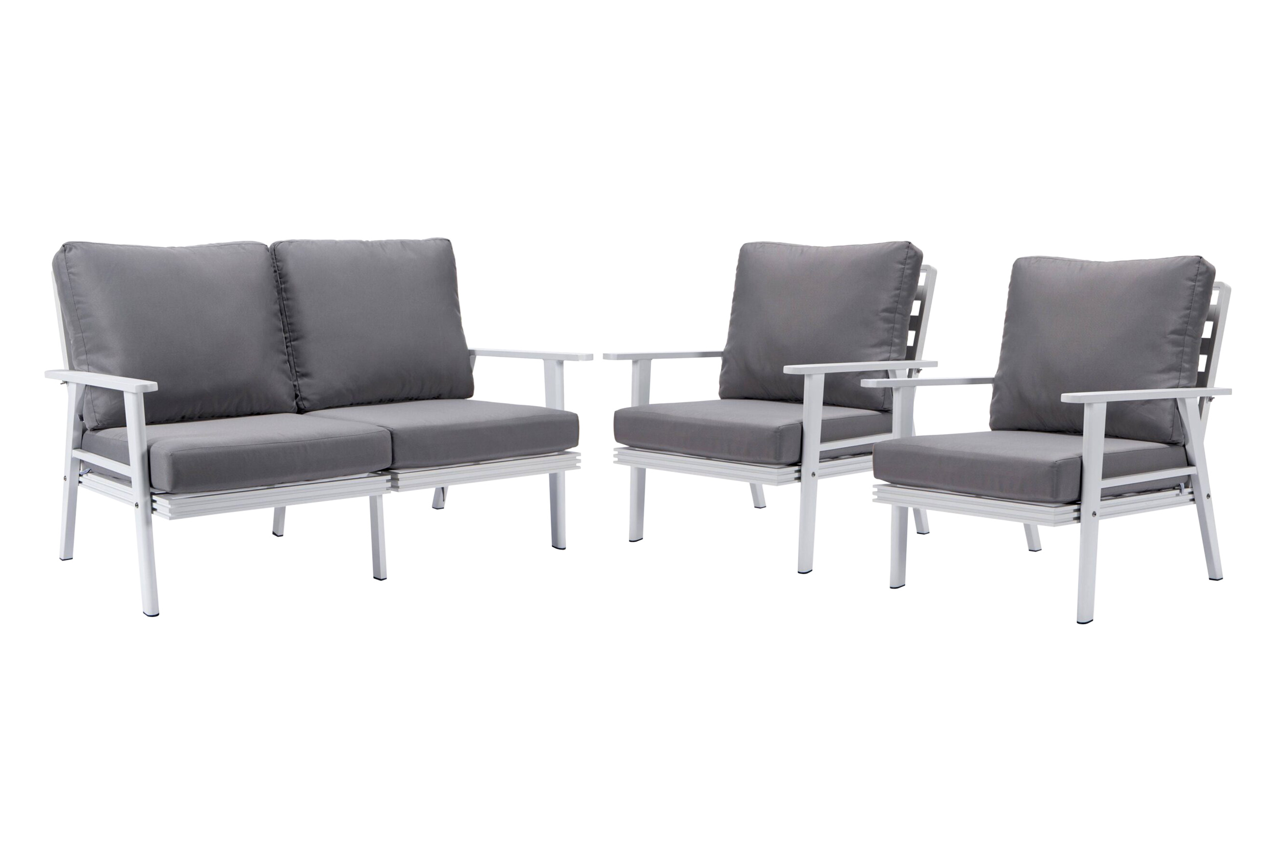 LeisureMod Walbrooke Modern 3-Piece Outdoor Patio Set with White Aluminum Frame