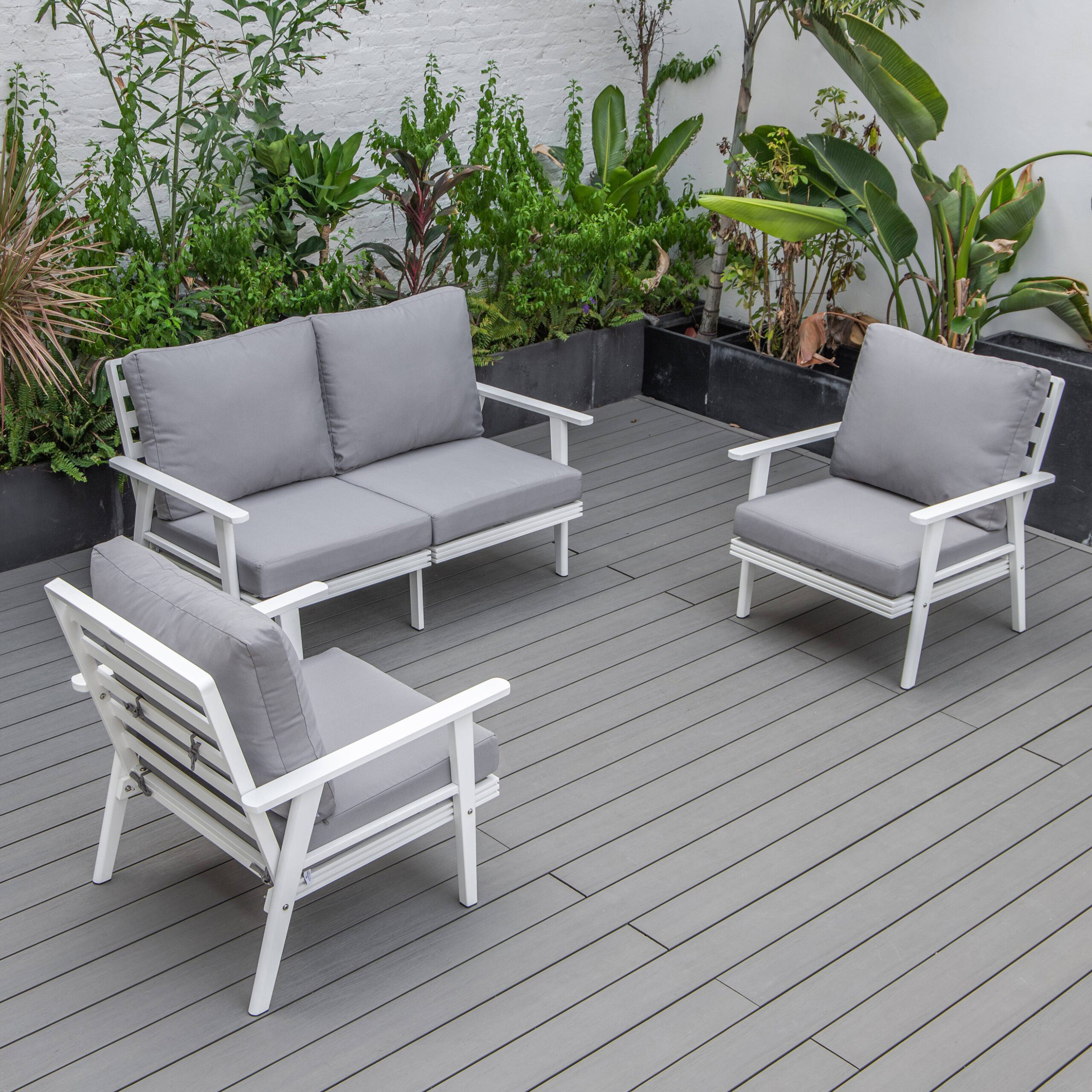 LeisureMod Walbrooke Modern 3-Piece Outdoor Patio Set with White Aluminum Frame - Gray