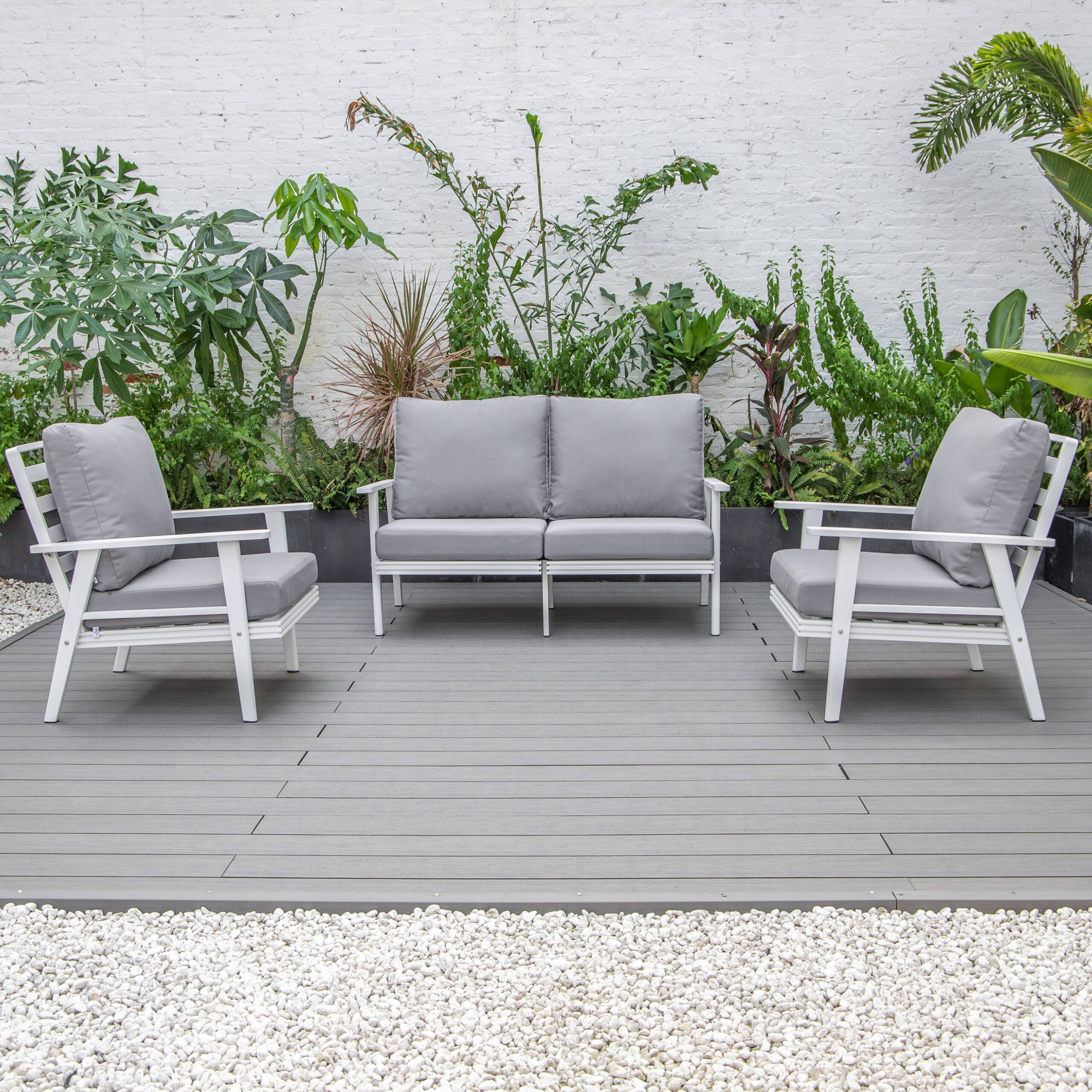 LeisureMod Walbrooke Modern 3-Piece Outdoor Patio Set with White Aluminum Frame - Gray