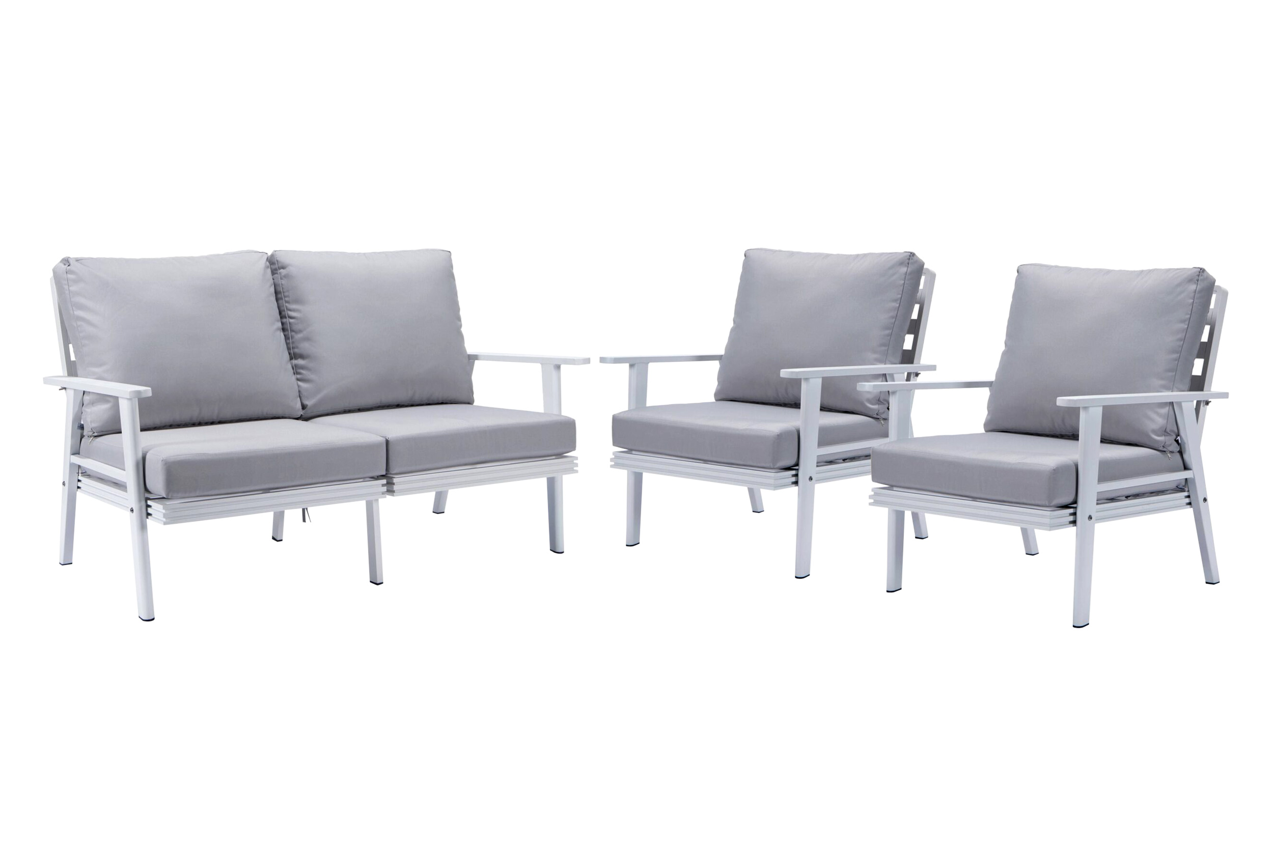 LeisureMod Walbrooke Modern 3-Piece Outdoor Patio Set with White Aluminum Frame