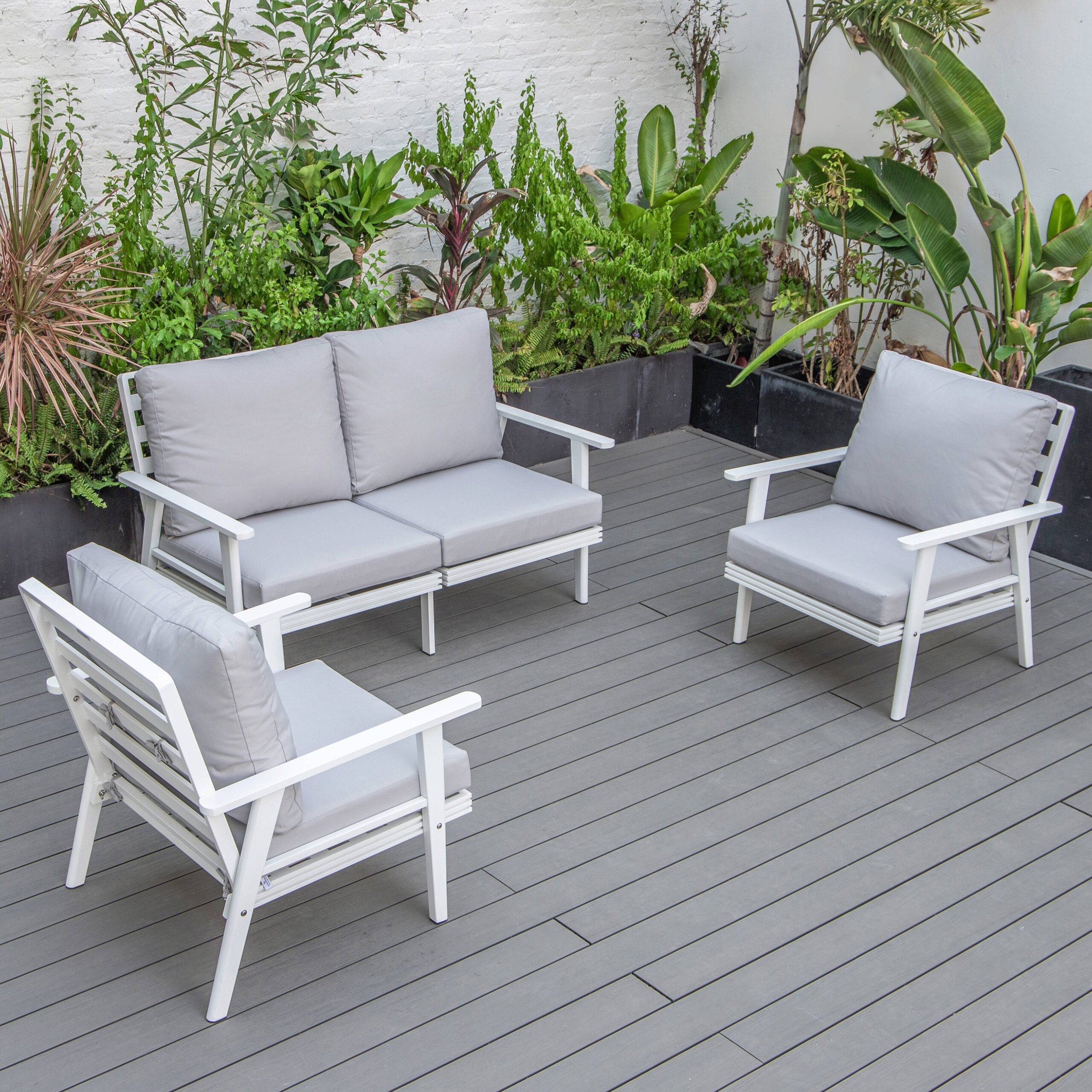 LeisureMod Walbrooke Modern 3-Piece Outdoor Patio Set with White Aluminum Frame - Light Gray