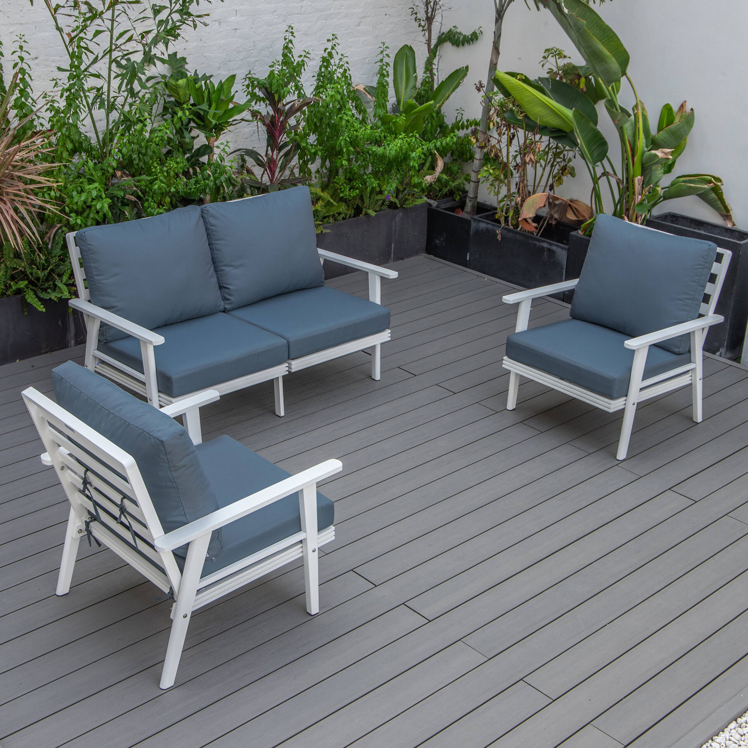 LeisureMod Walbrooke Modern 3-Piece Outdoor Patio Set with White Aluminum Frame - Navy Blue