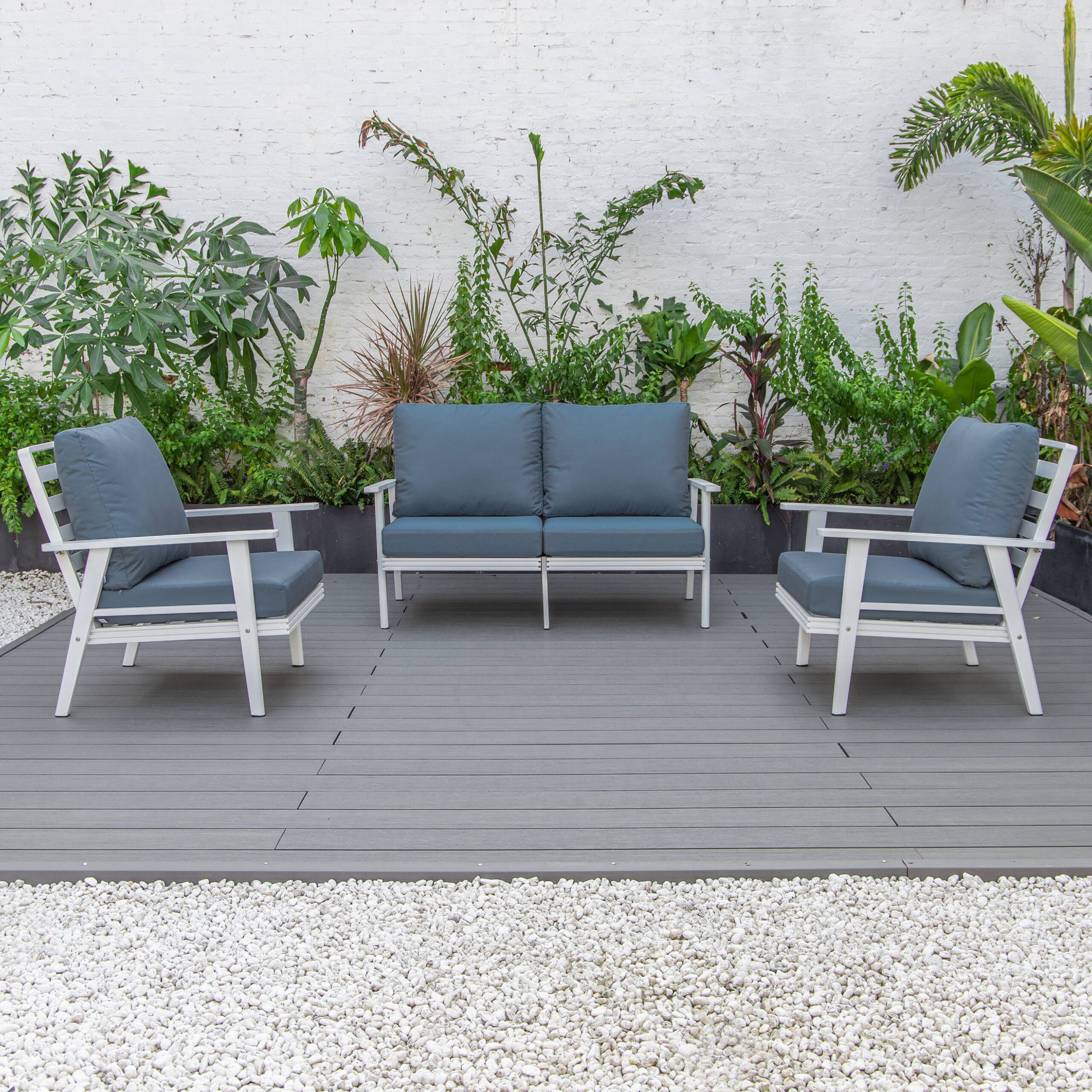 LeisureMod Walbrooke Modern 3-Piece Outdoor Patio Set with White Aluminum Frame - Navy Blue