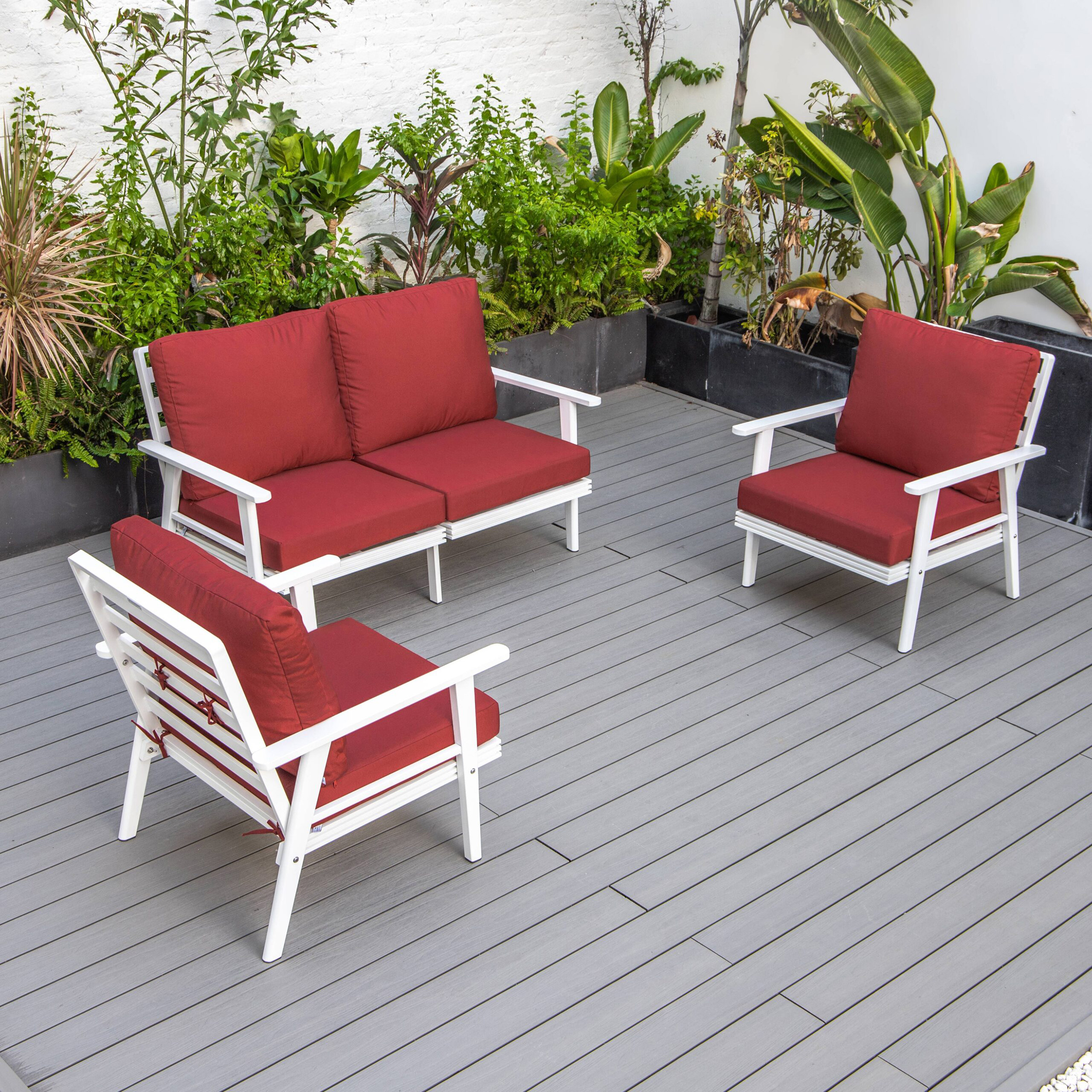 LeisureMod Walbrooke Modern 3-Piece Outdoor Patio Set with White Aluminum Frame - Red