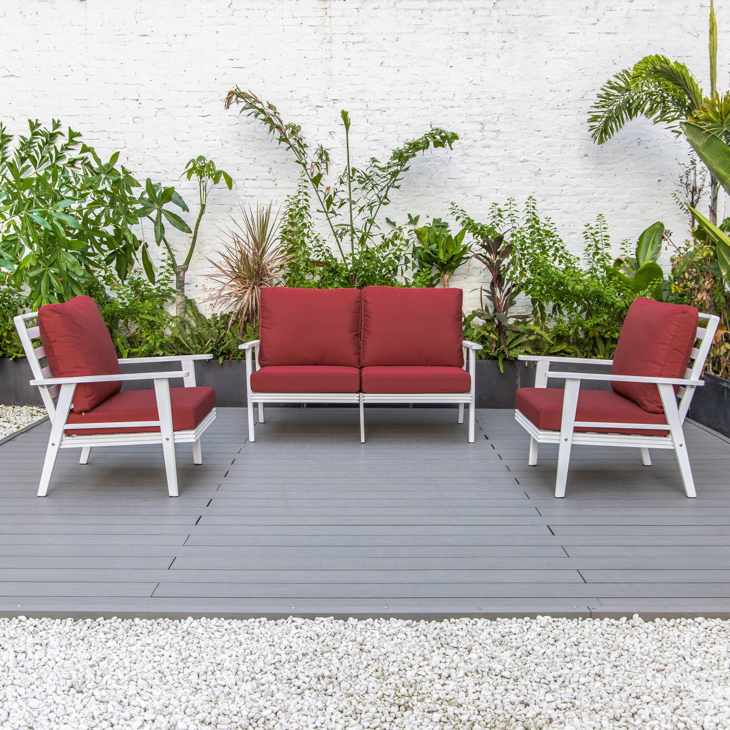 LeisureMod Walbrooke Modern 3-Piece Outdoor Patio Set with White Aluminum Frame - Red