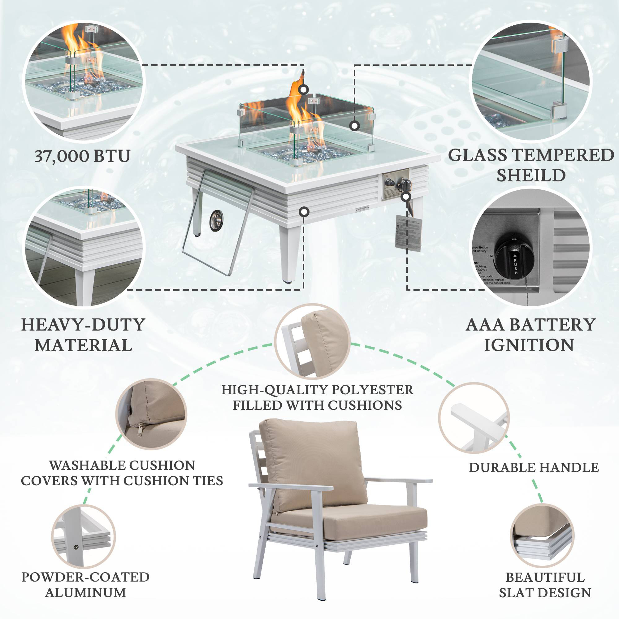 LeisureMod Walbrooke Modern White Patio Conversation With Square Fire Pit With Slats Design & Tank Holder - Beige