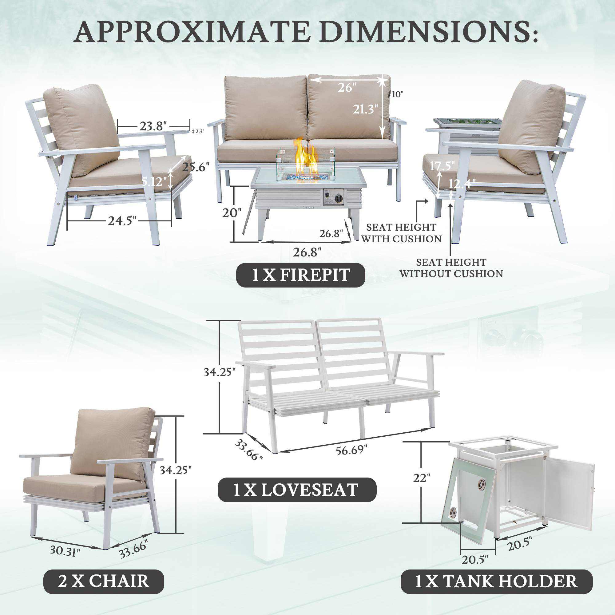 LeisureMod Walbrooke Modern White Patio Conversation With Square Fire Pit With Slats Design & Tank Holder - Beige