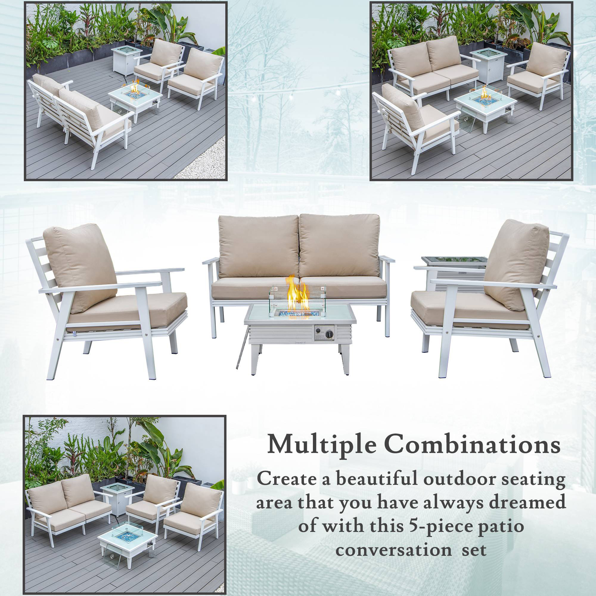 LeisureMod Walbrooke Modern White Patio Conversation With Square Fire Pit With Slats Design & Tank Holder - Beige