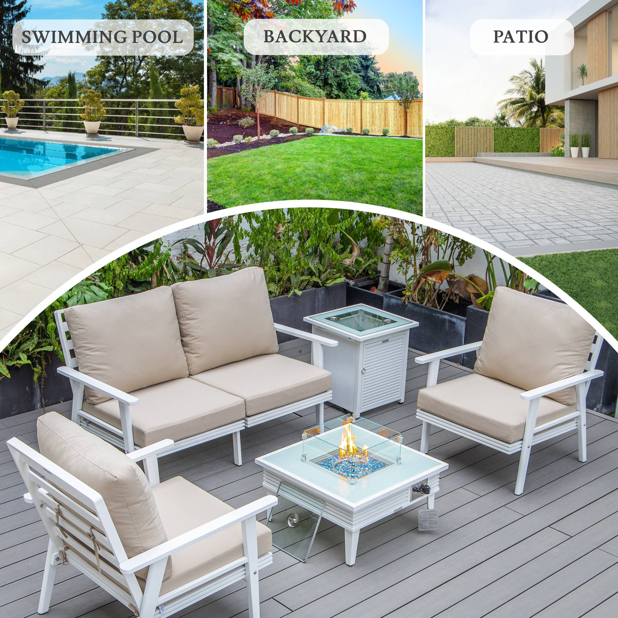 LeisureMod Walbrooke Modern White Patio Conversation With Square Fire Pit With Slats Design & Tank Holder - Beige