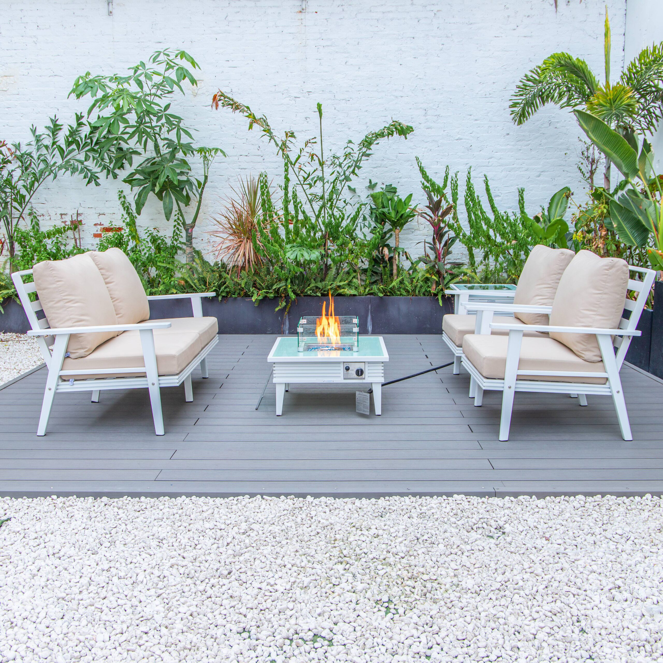 LeisureMod Walbrooke Modern White Patio Conversation With Square Fire Pit With Slats Design & Tank Holder - Beige