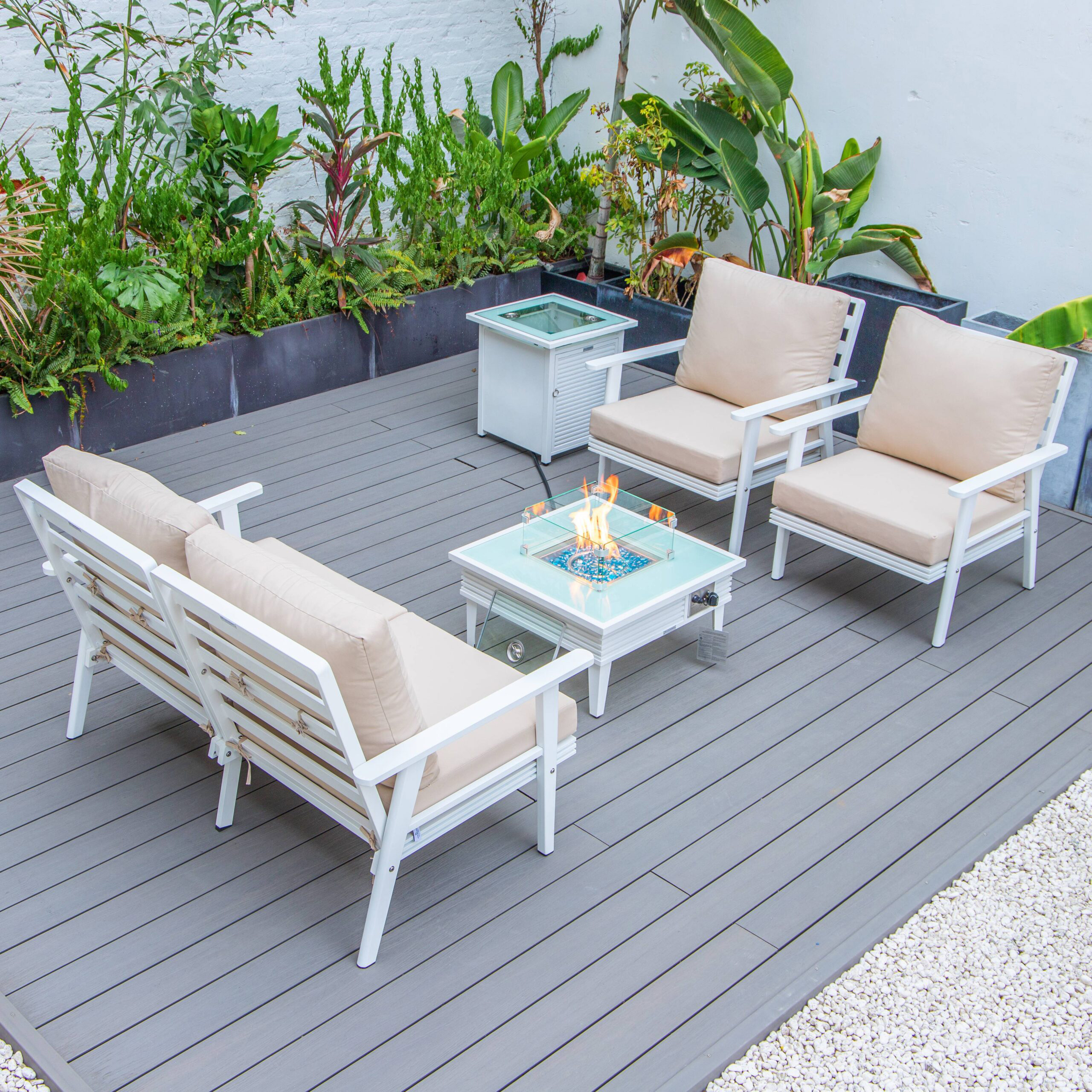 LeisureMod Walbrooke Modern White Patio Conversation With Square Fire Pit With Slats Design & Tank Holder - Beige